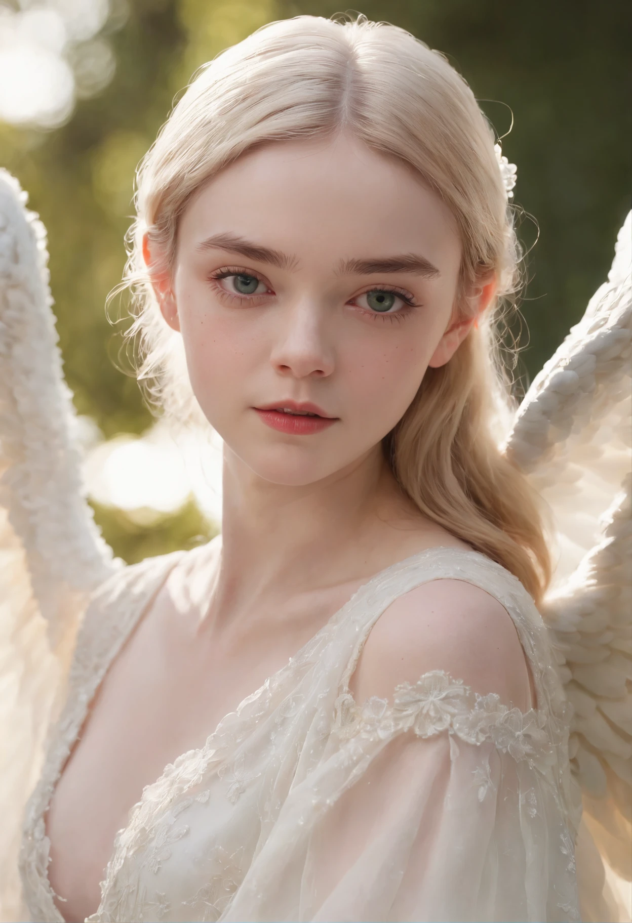 (((A deep reddish scar runs on her left cheek))) light skinned, Little girl, Natural gray hair, Distinctive green eyes, slender and graceful,,a little fat、Plump skin、Beautiful, candle light, Ultra Sharp Focus, realistic shot, white cotton dress,Bokeh、Cute face tetradic color (Scar:1.4)、(((large angel wings on the back)))、(((Elle Fanning)))、white hair、Light coming in from behind、Imperial Light、,15yo student、(((Crystal clear skin)))、Sauce order、hitornfreckles、low nose、Small eyes