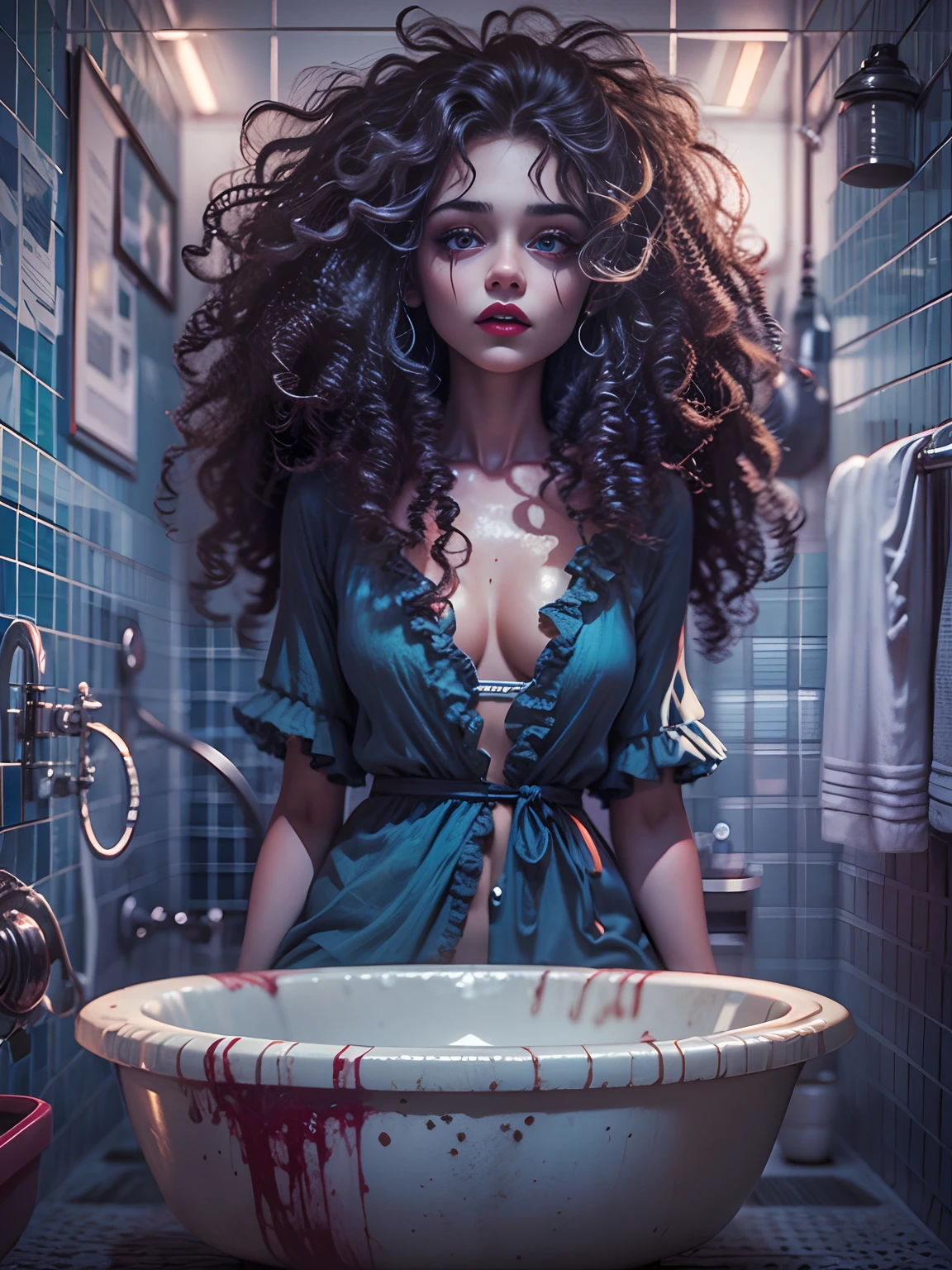 DSLR, F/2.8, Lens Flare, 5D, 16k, Super-Resolution . realistic style, key visual, vibrant, studio realistic, highly detailed A different mood whimsical full body view best quality, eerie masterpiece, monochromatic palette dominated by eerie shades of deep blue horror themed bathroom curly hair, nightgown, girl sharp look, wide eyes, very dark lips, flora, horror style blood core, ,stylish bikini to e bathroom in a vintage bathroom, perfect anatomy, highly detailed, graphic 3d model, render, comic art, graphic novel art, vibrant, detailed character