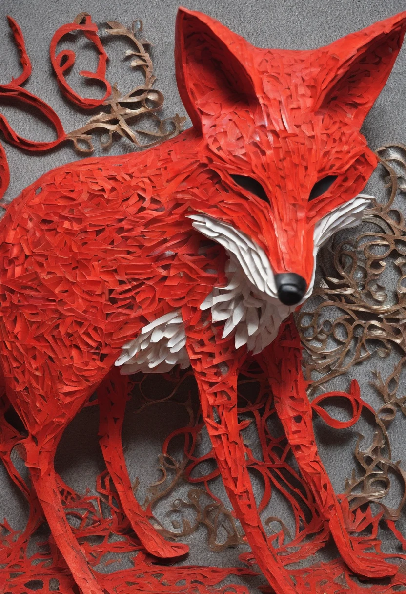 red fox,Fox God,colored ink drawing,Stick figure abstraction