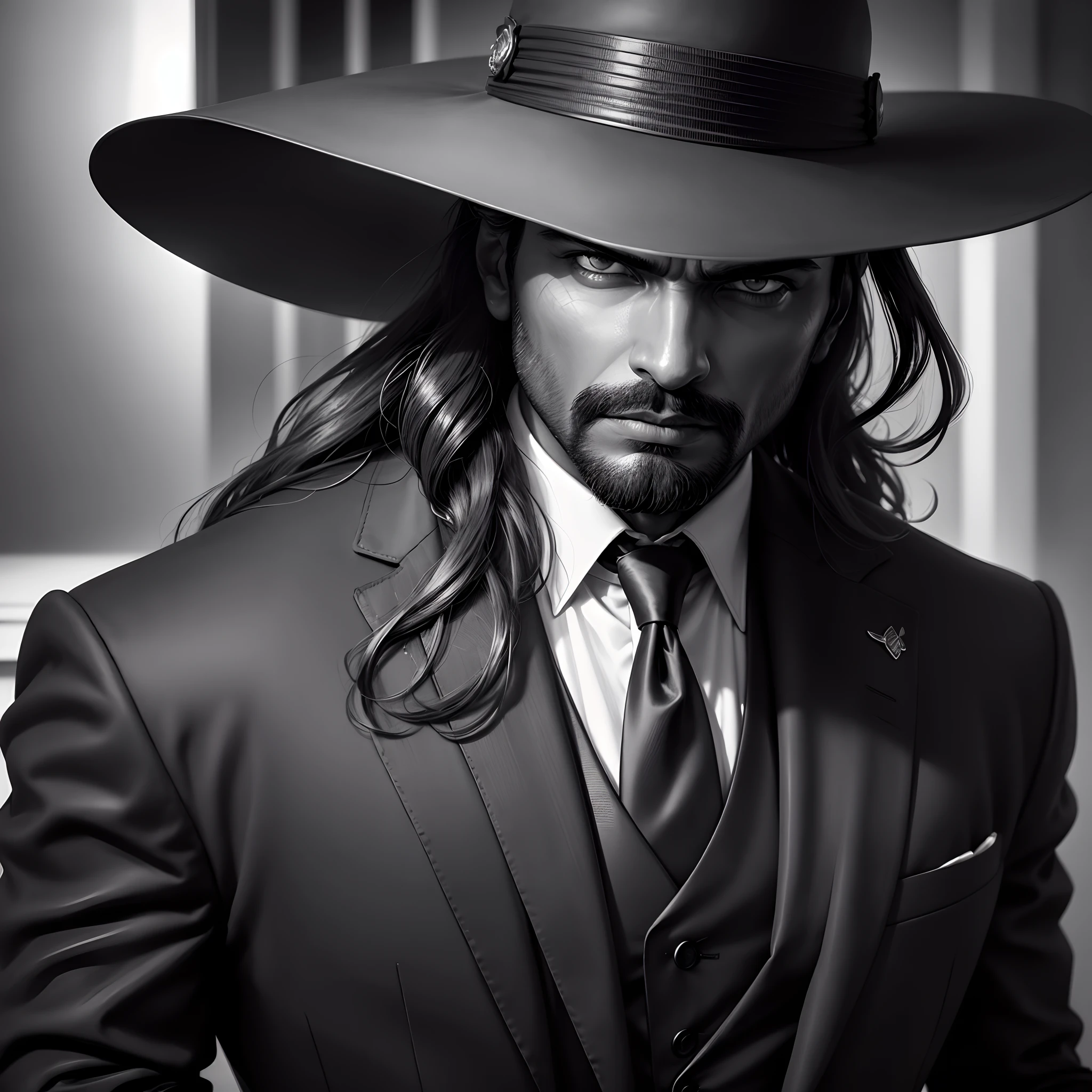 (best quality,4k,highres,masterpiece:1.2),ultra-detailed,realistic,portrait,dark background,sharp focus,detailed stubble,expressive eyes,dapper suit,Vijay Sethupathy,Mafia member,villainous gaze,bold and confident pose,eerie lighting,play of shadows,contrast and highlight,menacing aura,stylish hat,sharp suit,black and white photography,mysterious atmosphere,vivid colors. --auto