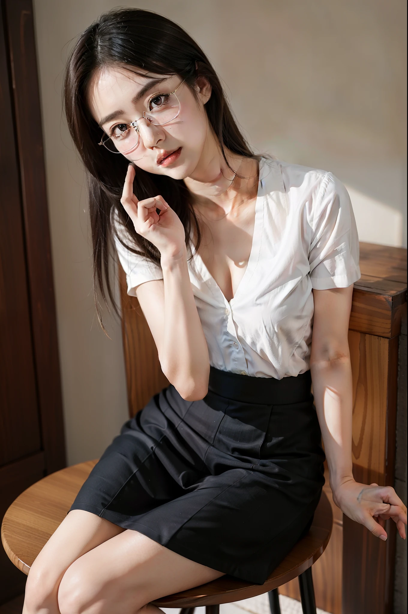 Wear a 5-point skirt，sitting on a stool, All big, But be conservative,It must look like a real Japanese girl, And the face must be realistic, You can see the details of the face, And it has to be a little cute，Wear clear glasses ，The chest should be large and covered with a white shirt