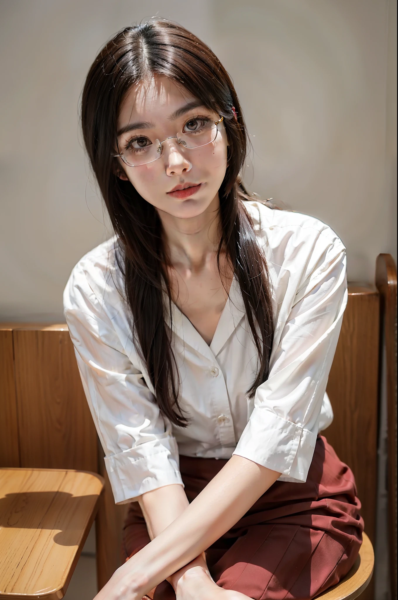 Wear a 5-point skirt,sitting on a stool, All big, But be conservative,It must look like a real Japanese girl, And the face must be realistic, You can see the details of the face, And it has to be a little cute,Wear clear glasses ,The chest should be large and covered with a white shirt