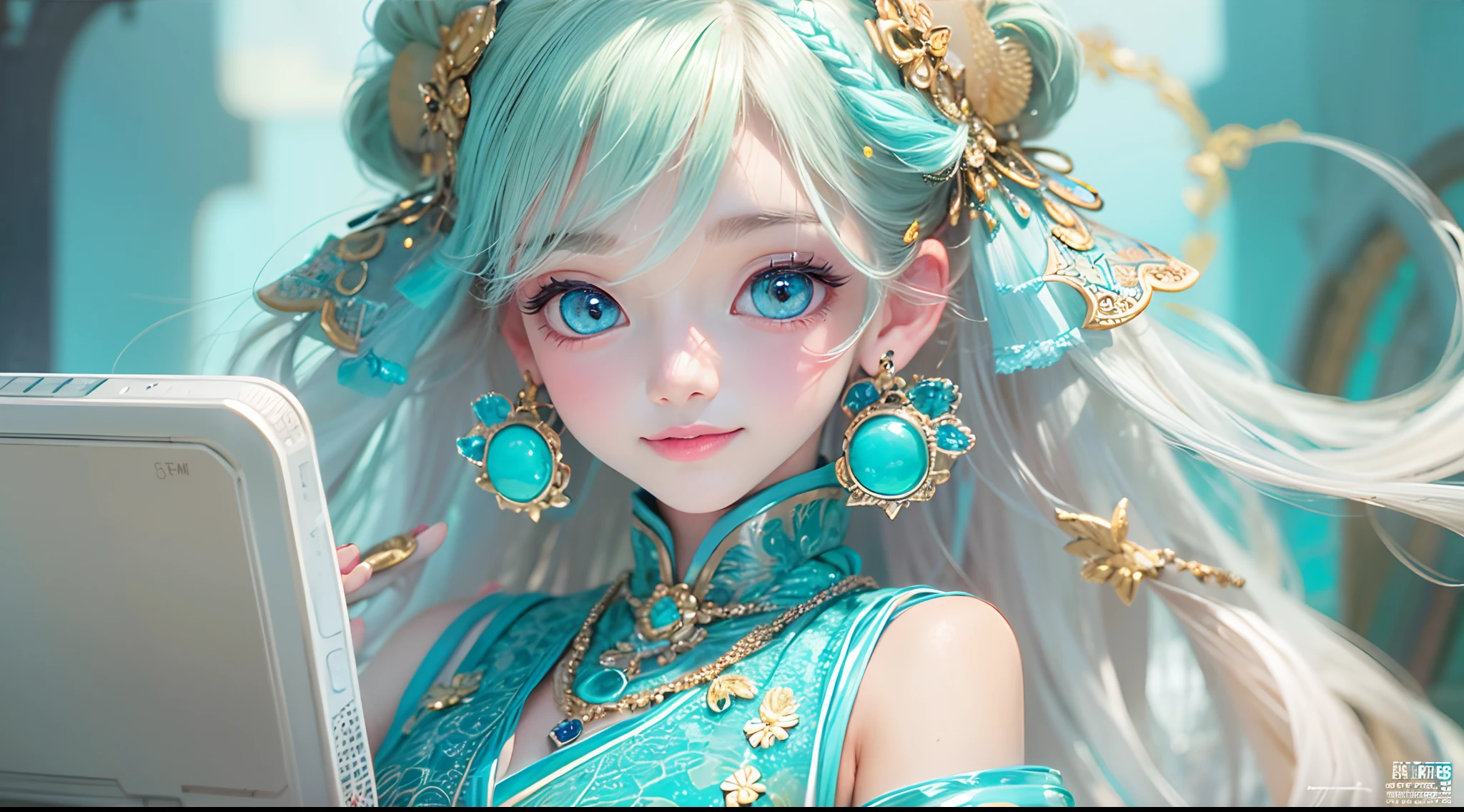 Masterpiece, Best quality, Ultra-detailed, illustration,(1girll),Beautiful detailed eyes, view the viewer, (Hold a computer keyboard), cheerfulness, (Turquoise hair:1), (Blue round eyes:1), (Circle earrings), (Turquoise large gemstone necklace), Cute round face, Long hair, Smile, Fantasy Chinese costumes