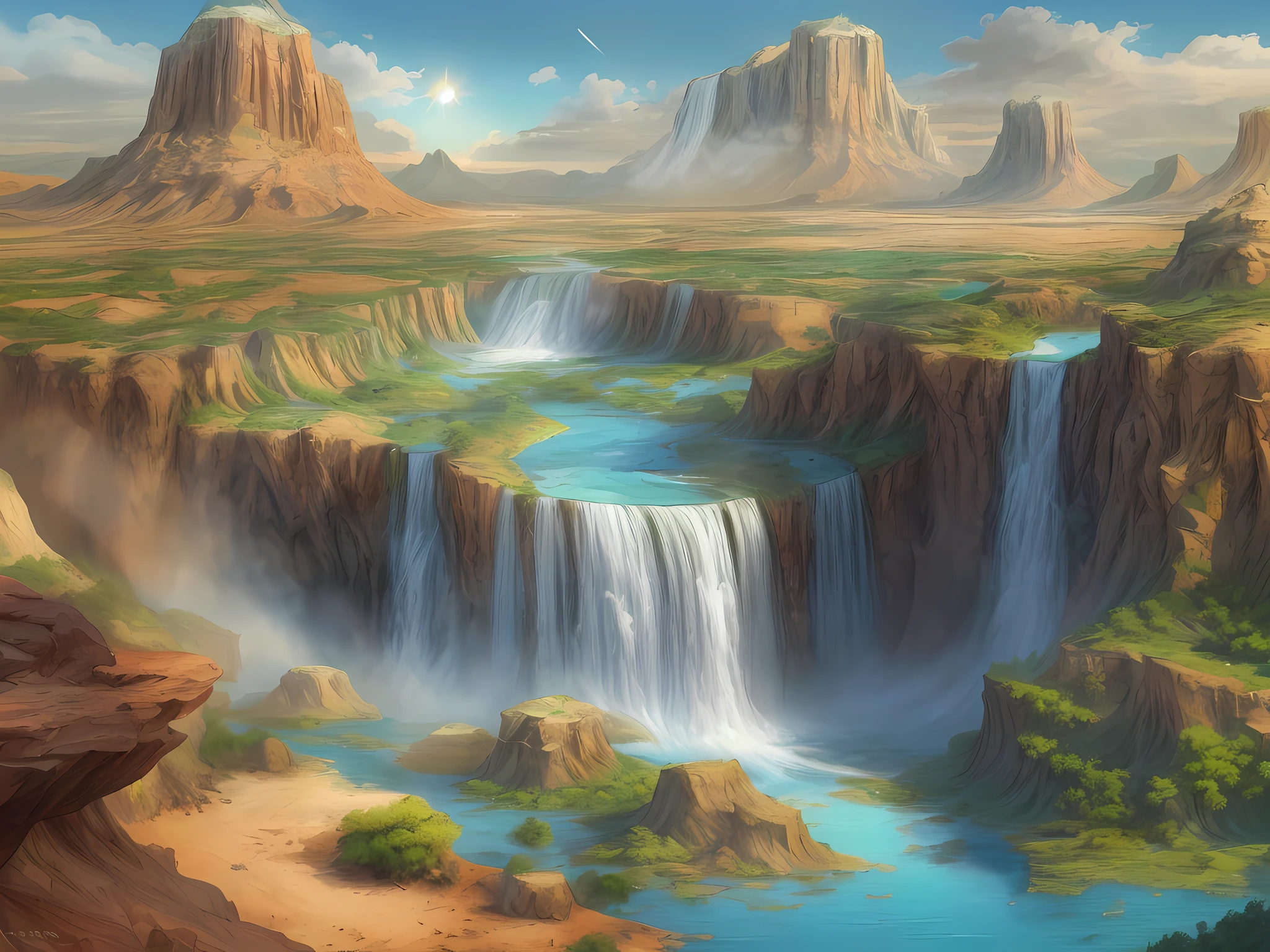 fantasy art, RPG art, an picture of an epic sized waterfall in the desert at midday , an (epic sized waterfall: 1.3), water coming down from a desert cliff, water cascading into a large pool that reflects the sun an the skies, clear water in many hues of blue and azure, clear water, (a rainbow being formed in the water from the breaking of the sunlight in the water: 1.3), you can see the water hitting the pool, drops of water splashing around, photorealistic, 16k, RAW, award winning, (best detailed: 1.5), masterpiece, best quality, (best detailed: 1.3), full body, ultra wide shot,