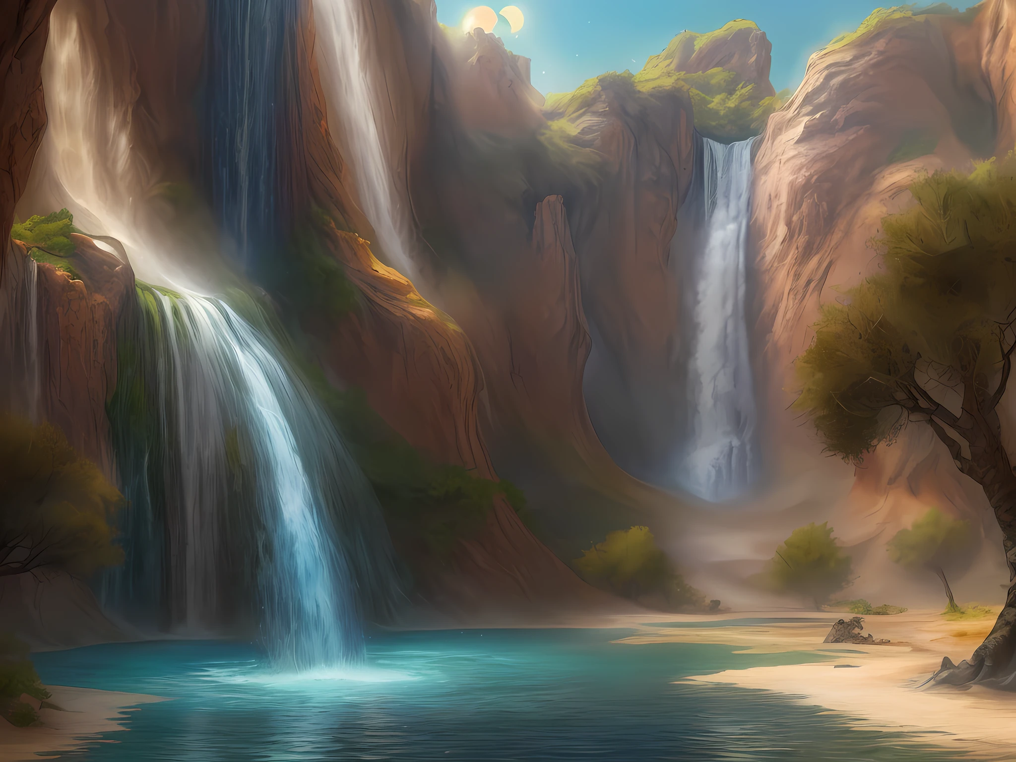 fantasy art, RPG art, an picture of an epic sized waterfall in the desert at midday , an (epic sized waterfall: 1.3), water coming down from a desert cliff, water cascading into a large pool that reflects the sun an the skies, clear water in many hues of blue and azure, clear water, (a rainbow being formed in the water from the breaking of the sunlight in the water: 1.3), you can see the water hitting the pool, drops of water splashing around, photorealistic, 16k, RAW, award winning, (best detailed: 1.5), masterpiece, best quality, (best detailed: 1.3), full body, ultra wide shot,