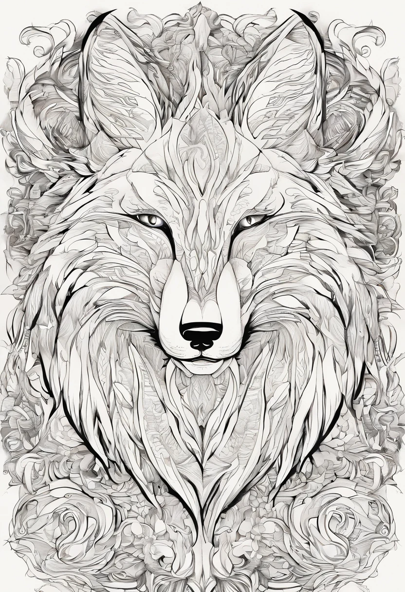 White fox,Nine-tailed fox god,colored ink drawing,Cloth texture