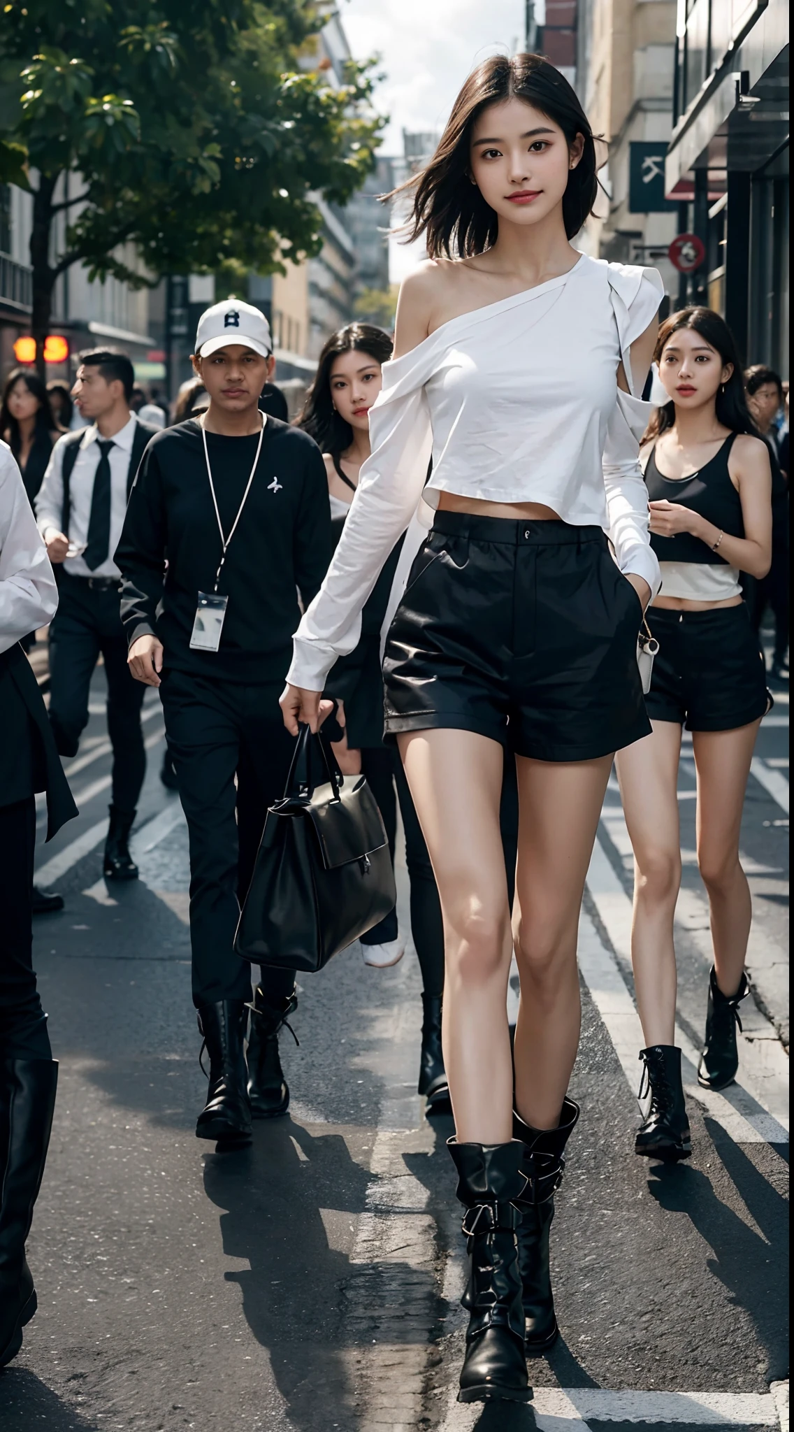 (shoulder length straight short black hair: 1.3), （Extremely meticulous CG 8k wallpaper），（Extremely refined and beautiful），（Masterpiece），（best qualtiy：1.0），（Ultra High Resolution：1.0），beautiful light up，Perfect lightning，realistic shaded，[A high resolution]，Smooth and flawless fair skin，Extremely exquisite facial details，（perfect body：1.1），ultra - detailed，A beautiful girl，small head，(Small breasts:1.1)，Flat chests，slim，thin，Smile，cheerfulness，(Maxi white long sleeved T-shirt:1.3），（Black Bermuda shorts with large holes:1.3）,(Black military boots:1.3)autumn，Dusk, （cloudy：1.6），Close Shot，Surrounded by a crowded crowd，At the school gate，Crossing the road, running, hair flying, sideways,