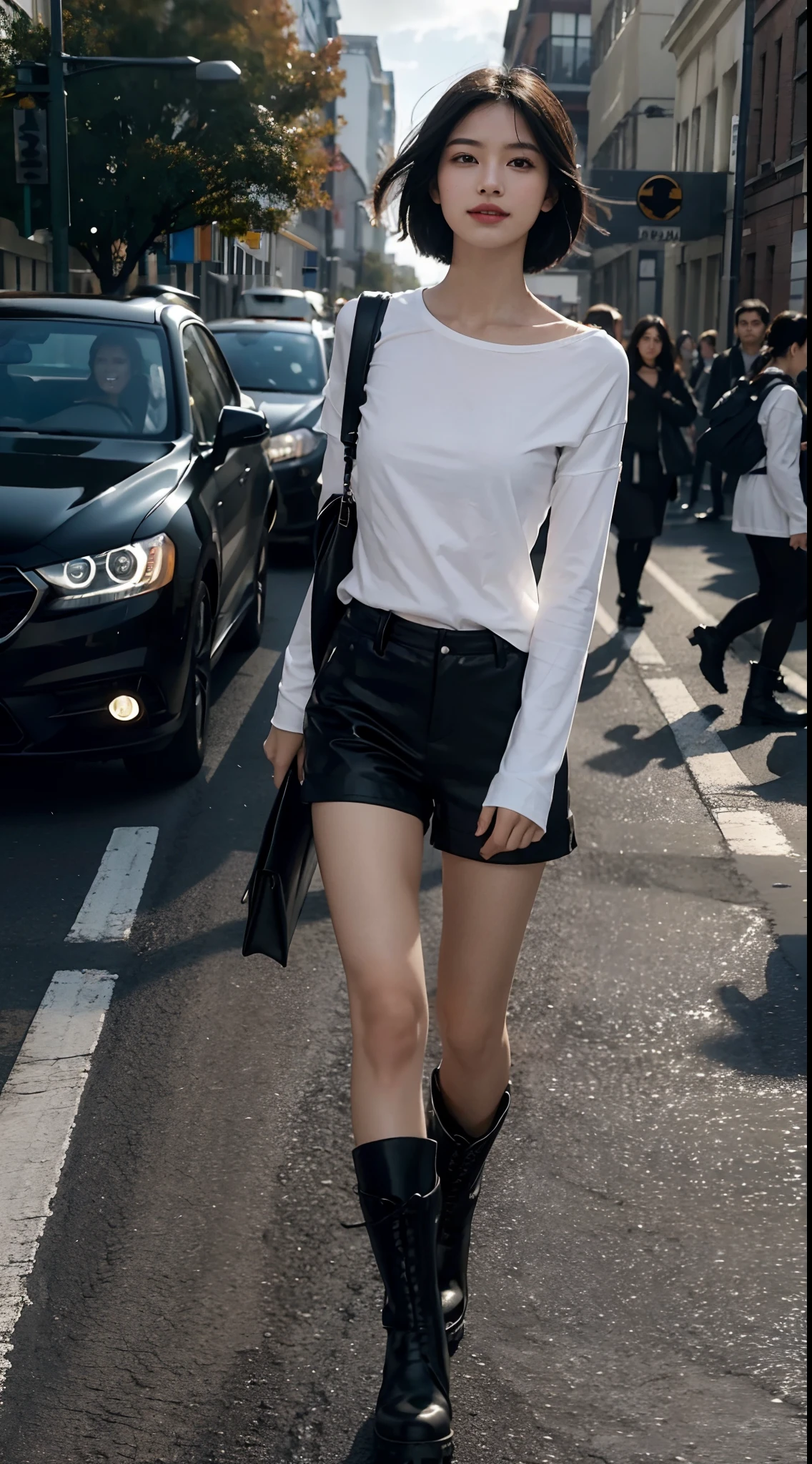 (shoulder length straight short black hair: 1.3), （Extremely meticulous CG 8k wallpaper），（Extremely refined and beautiful），（Masterpiece），（best qualtiy：1.0），（Ultra High Resolution：1.0），beautiful light up，Perfect lightning，realistic shaded，[A high resolution]，Smooth and flawless fair skin，Extremely exquisite facial details，（perfect body：1.1），ultra - detailed，A beautiful girl，small head，(Small breasts:1.1)，Flat chests，slim，thin，Smile，cheerfulness，(Maxi white long sleeved T-shirt:1.3），（Black Bermuda shorts with large holes:1.3）,(Black military boots:1.3)autumn，Dusk, （cloudy：1.6），Close Shot，Surrounded by a crowded crowd，At the school gate，Crossing the road, running, hair flying, sideways,