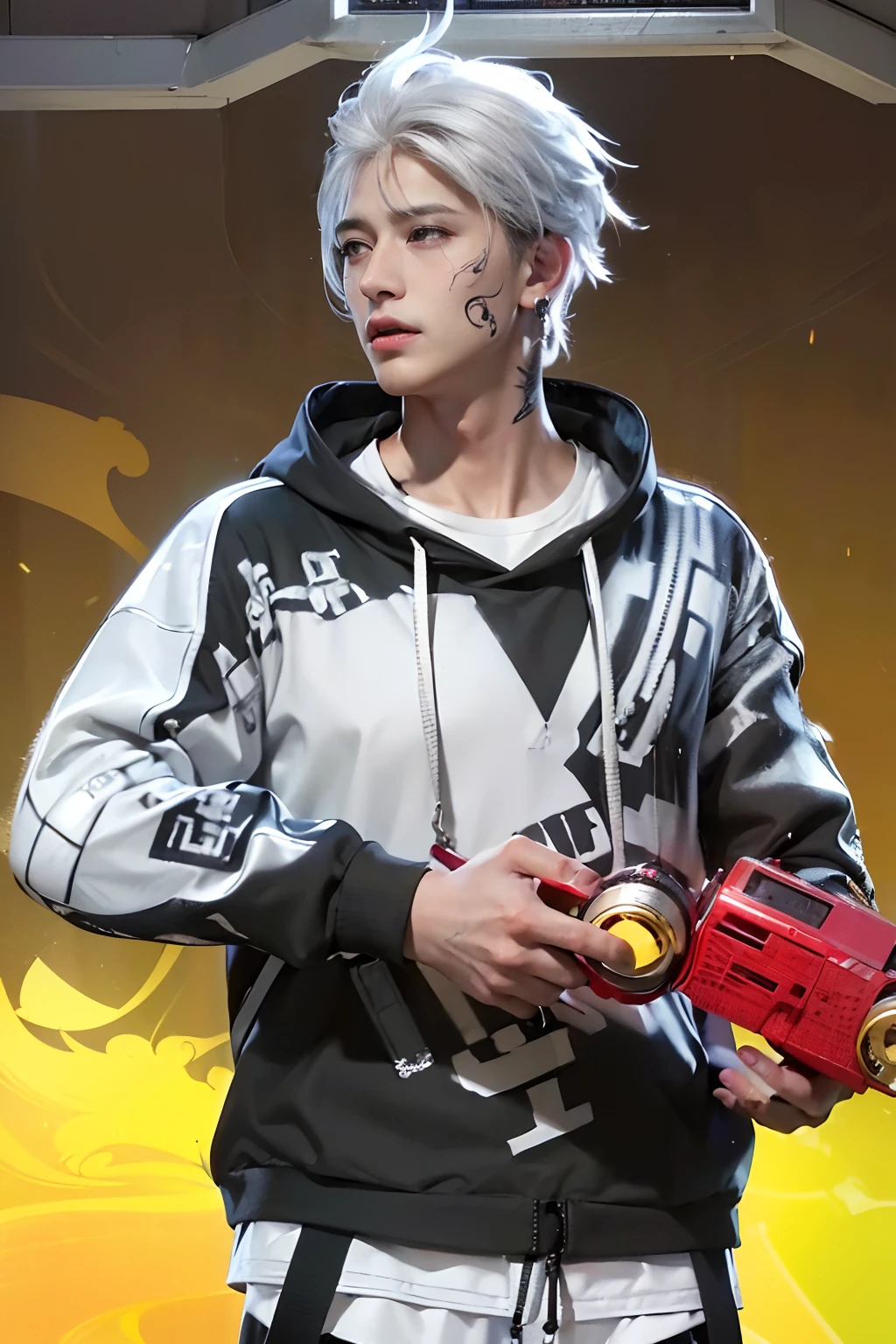 (8k photo, best quality, masterpiece:1.2),(realistic, photo-realistic:1.37) young ,handsome man, Mark Tuan, Got7, white skin, detail face, grey bright eye, white hair, black suit, bad boy, yakuza, tattoo, smoke cigarrate, a lots gangster night town in backdrop, action pose, skull earring, necklage,