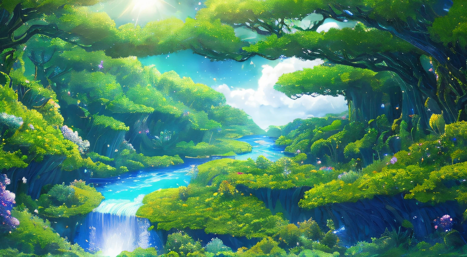 A surrealist one、Otherworldly、Illustration of the super sky scene,Including a huge crystal tree all over the body、Very detailed and magical lighting、Intricate plant details、Vegetation and surrounding rivers、Solar punk、scenecy、flower sea、Beautiful green leaves、Beautiful lighting and realistic proportions,As if it were a movie backdrop,8K,HighestQuali,tmasterpiece,Clouds and stars in the sky。