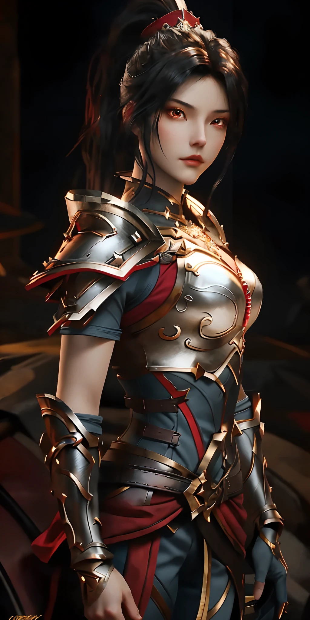 SYWZwangyuanyuan,1girl, armor,cityscape, night, looking at viewer, mature female, red eyes,high ponytail, hair ornament, red shirt,a close up of a woman in a silver and blue dress, chengwei pan on artstation, by Yang J, detailed fantasy art, stunning character art, fanart best artstation, epic exquisite character art, beautiful armor, extremely detailed artgerm, detailed digital anime art, artgerm on artstation pixiv, armor girl