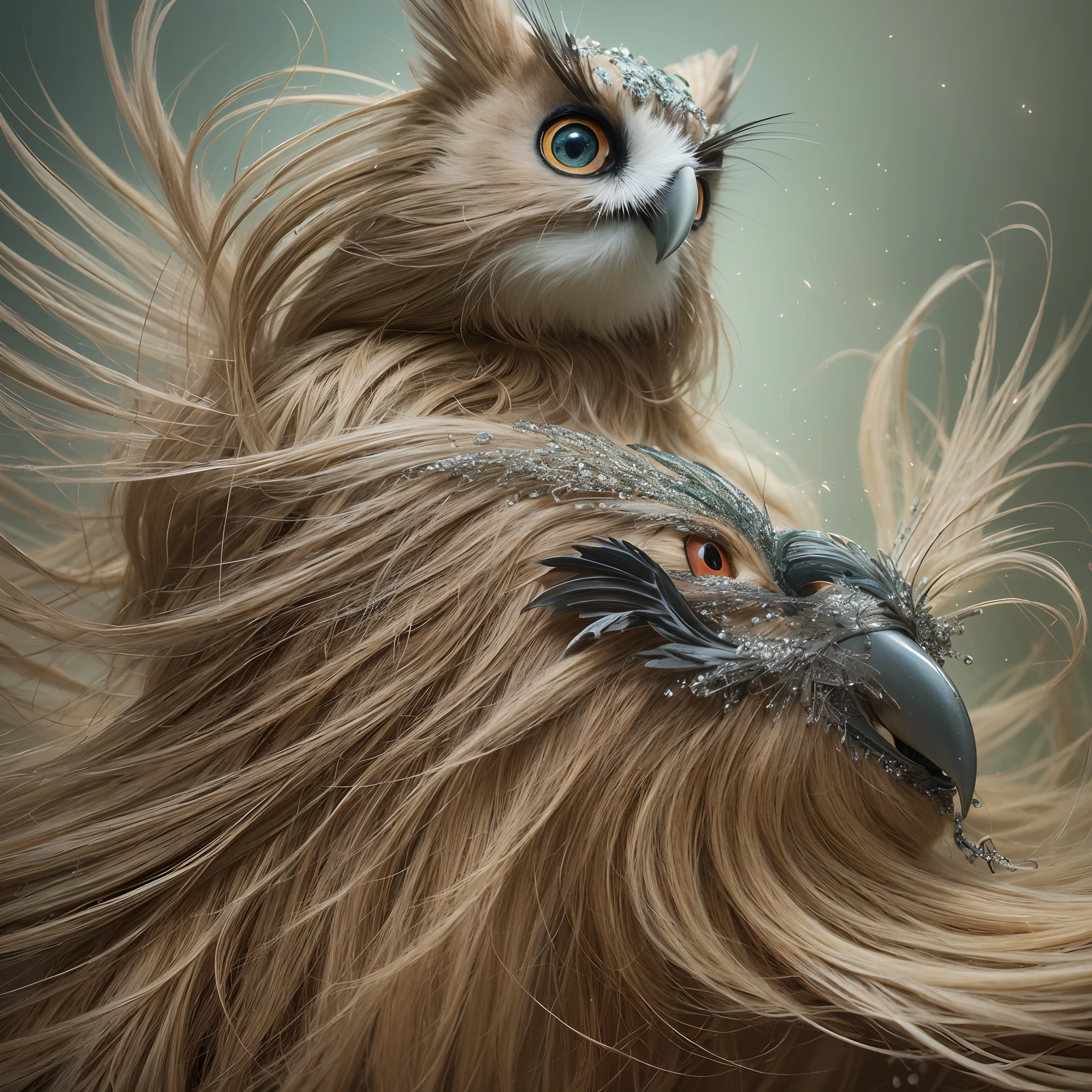 Cute and adorable fantasy owl, Bird-of-Paradise, sparrow, full body, shiny metallic jeweled depth, glowing smoke neon eyes, hoarfrost metal lace, fantasy, sunlight, sunbeam, intricate detail. 8k, dreamlike, surrealism, super cute, symmetrical, soft lighting, trending on artstation, intricate details, highly detailed, unreal engine, by ross tran, wlop, artgerm and james jean, Brian Froud, art illustration by Miho Hirano, Neimy Kanani, oil on canvas by Aykut Aydoğdu, oil painting, heavy strokes, paint dripping --auto --s2