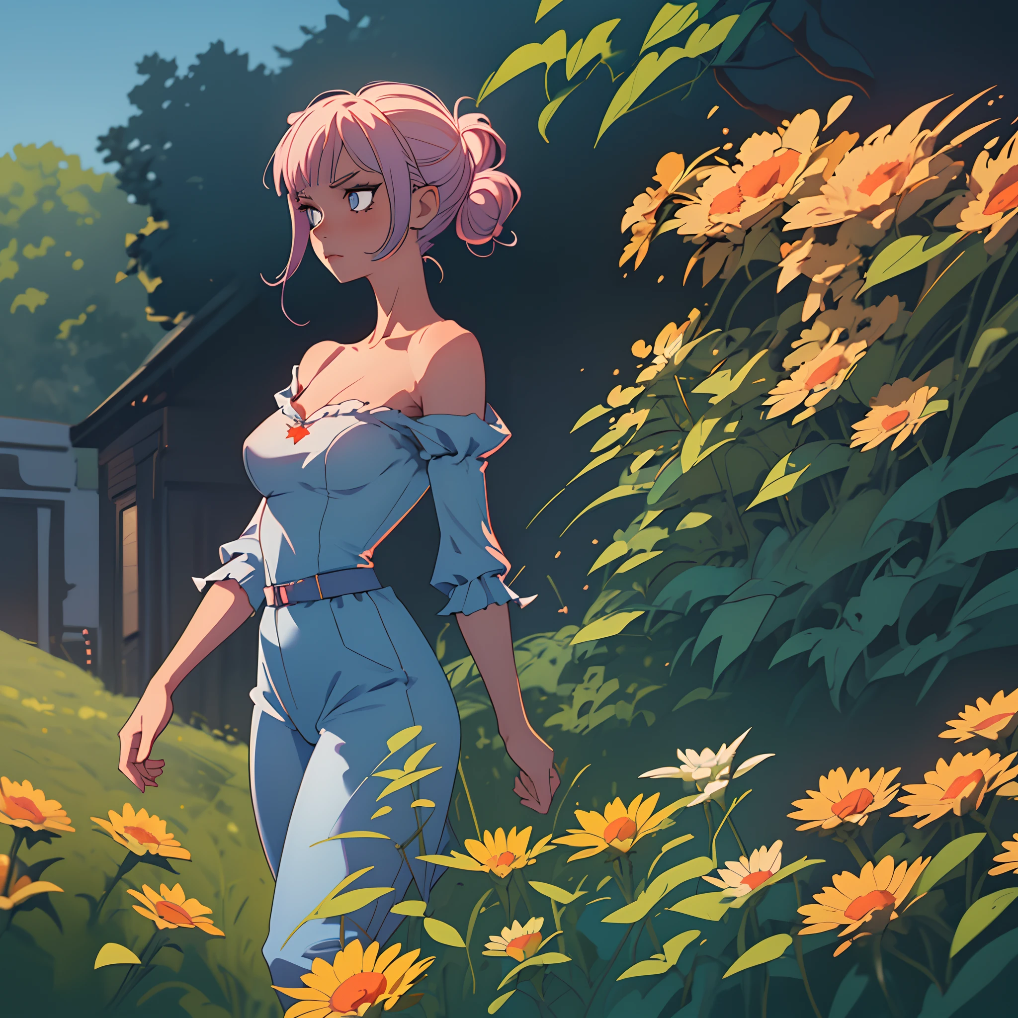 Bare sleeves, nackte Arme, mid large breasts, Spaltung, Décolleté behind the jumpsuit, nach vorne gerichtet, Seitlicher Schnitt, Gezeigter Torso, sich nach vorne lehnen, Daunenbluse, Spaltung, Farmer Girl,