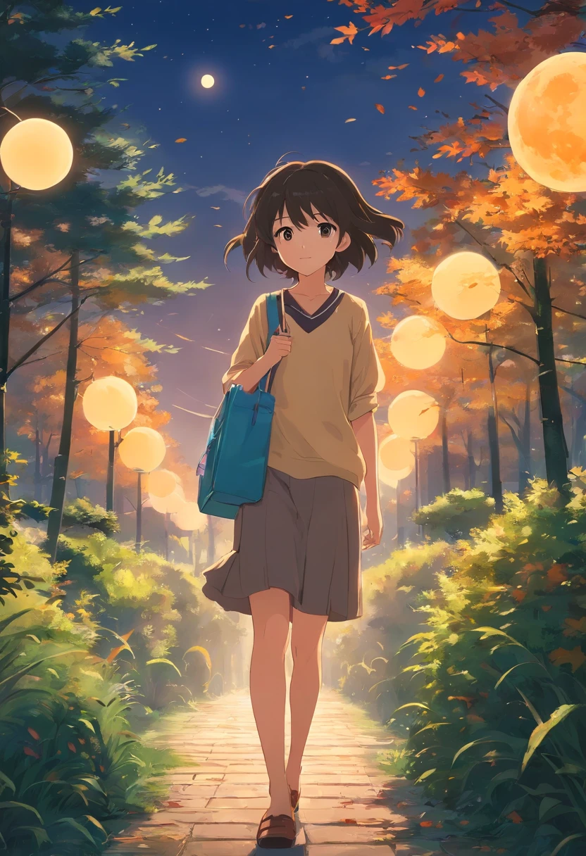 Wallpapers，tmasterpiece，best qualtiy，cinematic Film still from，The backs of boys and girls，Round moon，autumnal，the trees，rios，Warm and soft atmosphere，