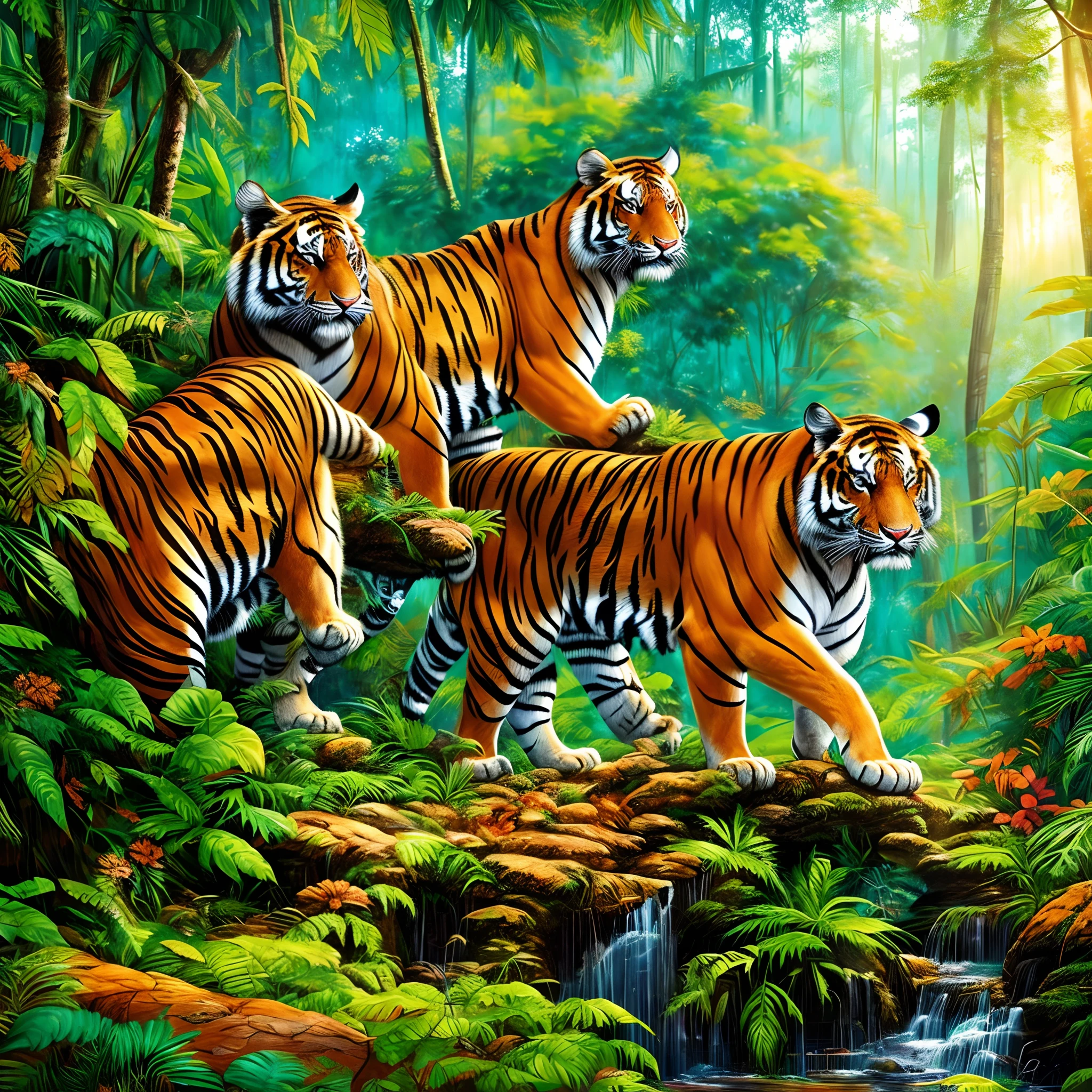 A fierce tiger in a dense jungle, (best quality, realistic:1.37) detailed fur shining in the sunlight, an intense gaze piercing through the foliage, muscular body in a well-defined pose. The tiger's orange and black stripes accentuate its powerful presence. The jungle is filled with vibrant green leaves, creating a lush environment. The lighting casts dappled shadows on the forest floor, adding depth to the scene. The colors are vivid, capturing the vibrant atmosphere. The artist has used a combination of brush strokes and fine details to create an awe-inspiring masterpiece. --auto