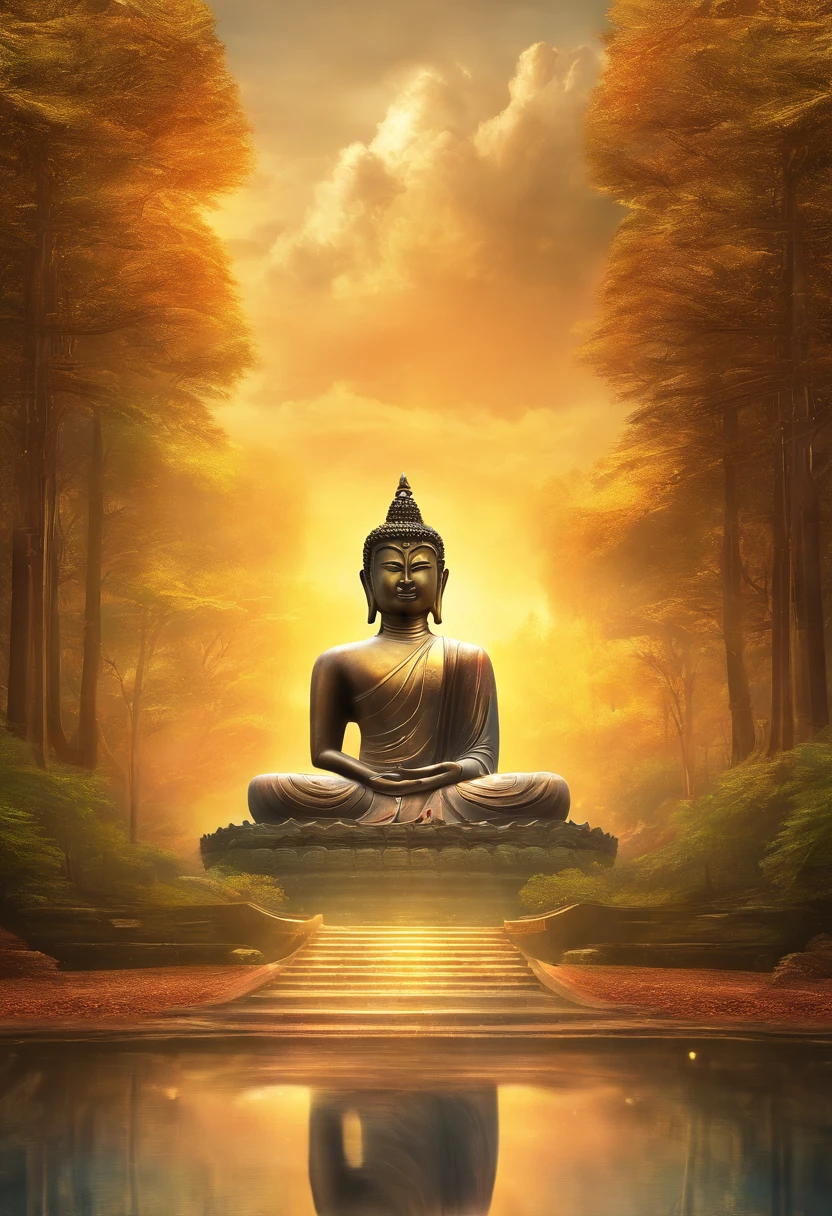 Giant Buddha statue in the distance,Golden Buddha statue, Texture, Tall, Majestic, inverted image, The background is illuminated by sunlight, Towering trees, Pilgrims walk the road. The composition is beautiful, With masterpieces, Details, and high definition