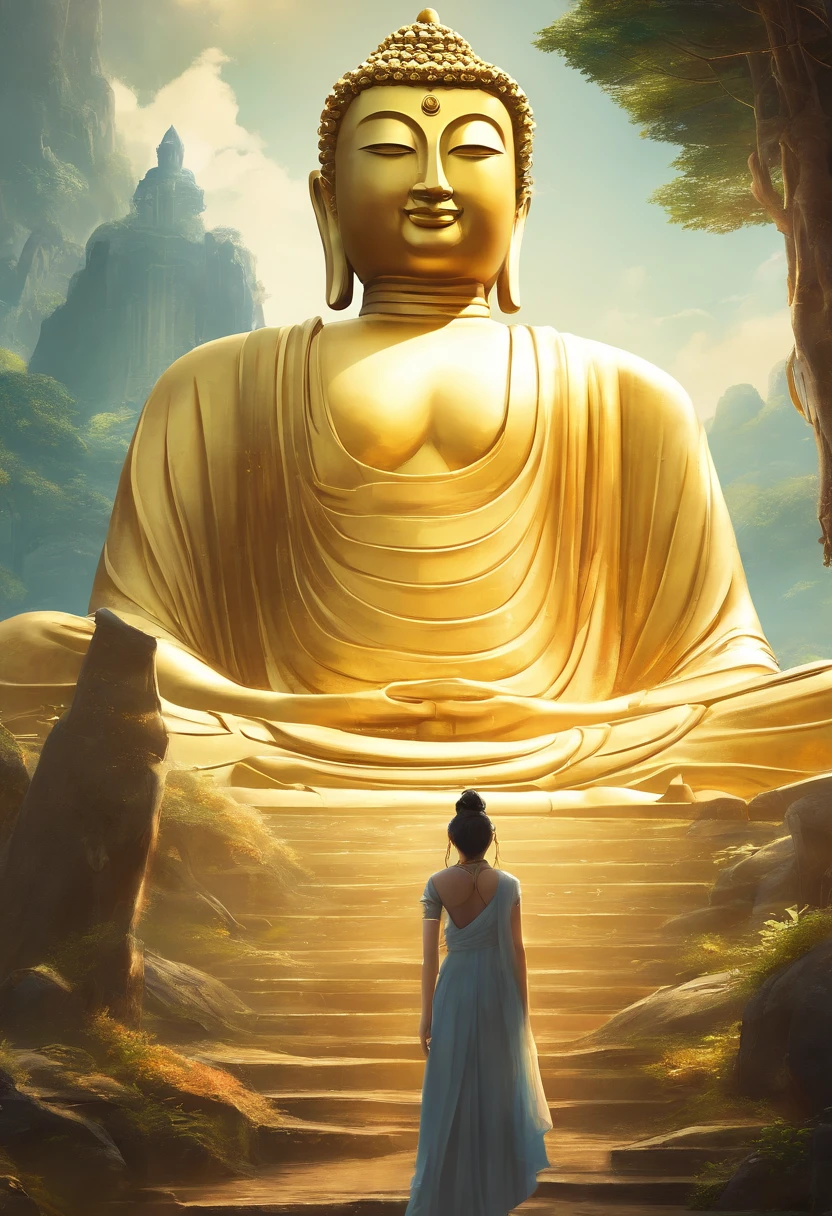 Giant Buddha statue in the distance,Golden Buddha statue, Texture, Tall, Majestic, inverted image, The background is illuminated by sunlight, Towering trees, Pilgrims walk the road. The composition is beautiful, With masterpieces, Details, and high definition