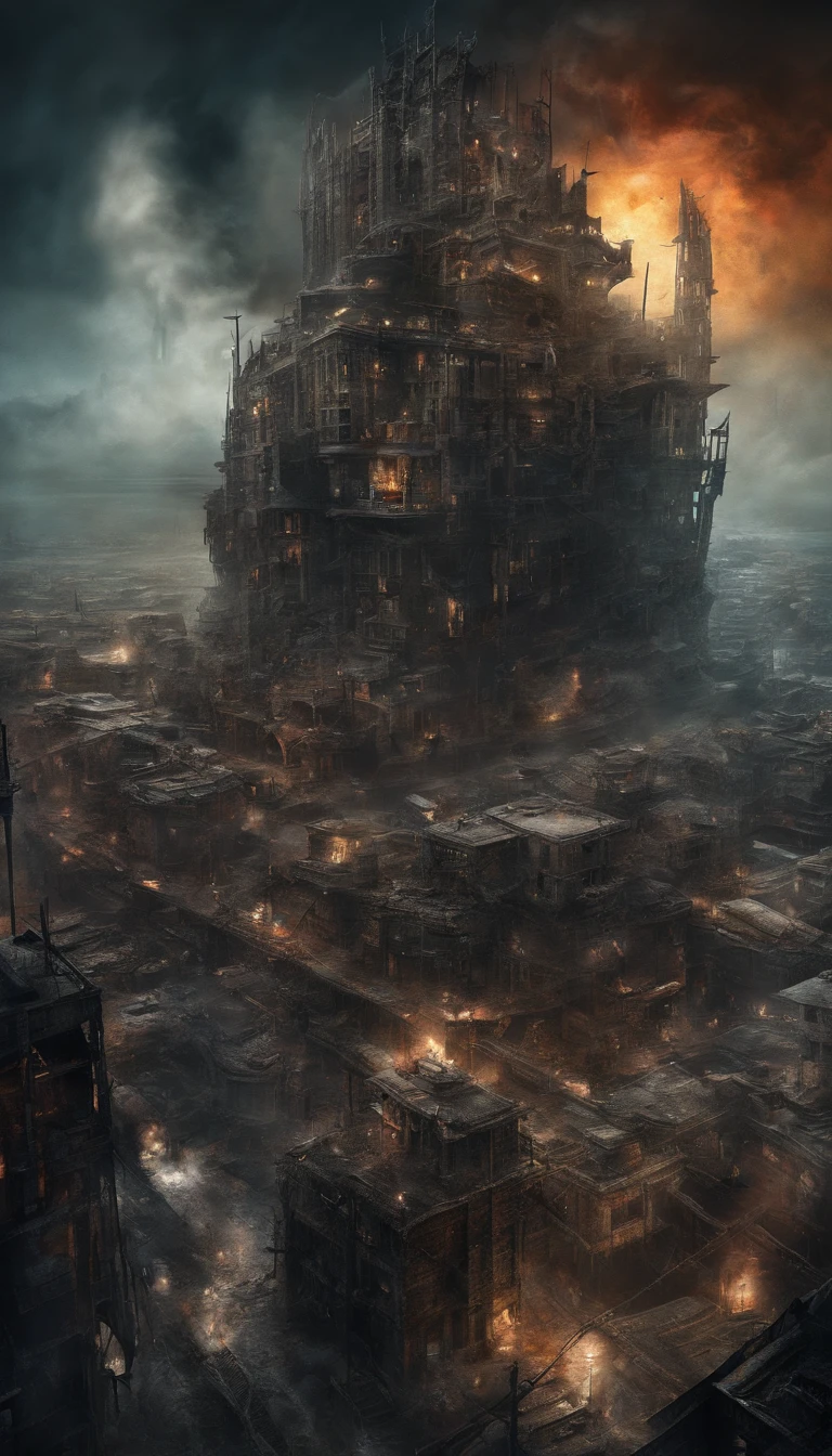 (sci fi art:1.5), Sci-fi post-apocalyptic world, (flying city:1.7), A white flying castle is located above, (The huge mechanism spews smoke:1.3), Panoramic view, Clouds of smoke, dark cloude, (Masterpiece), (Vivid colors:1.6)
