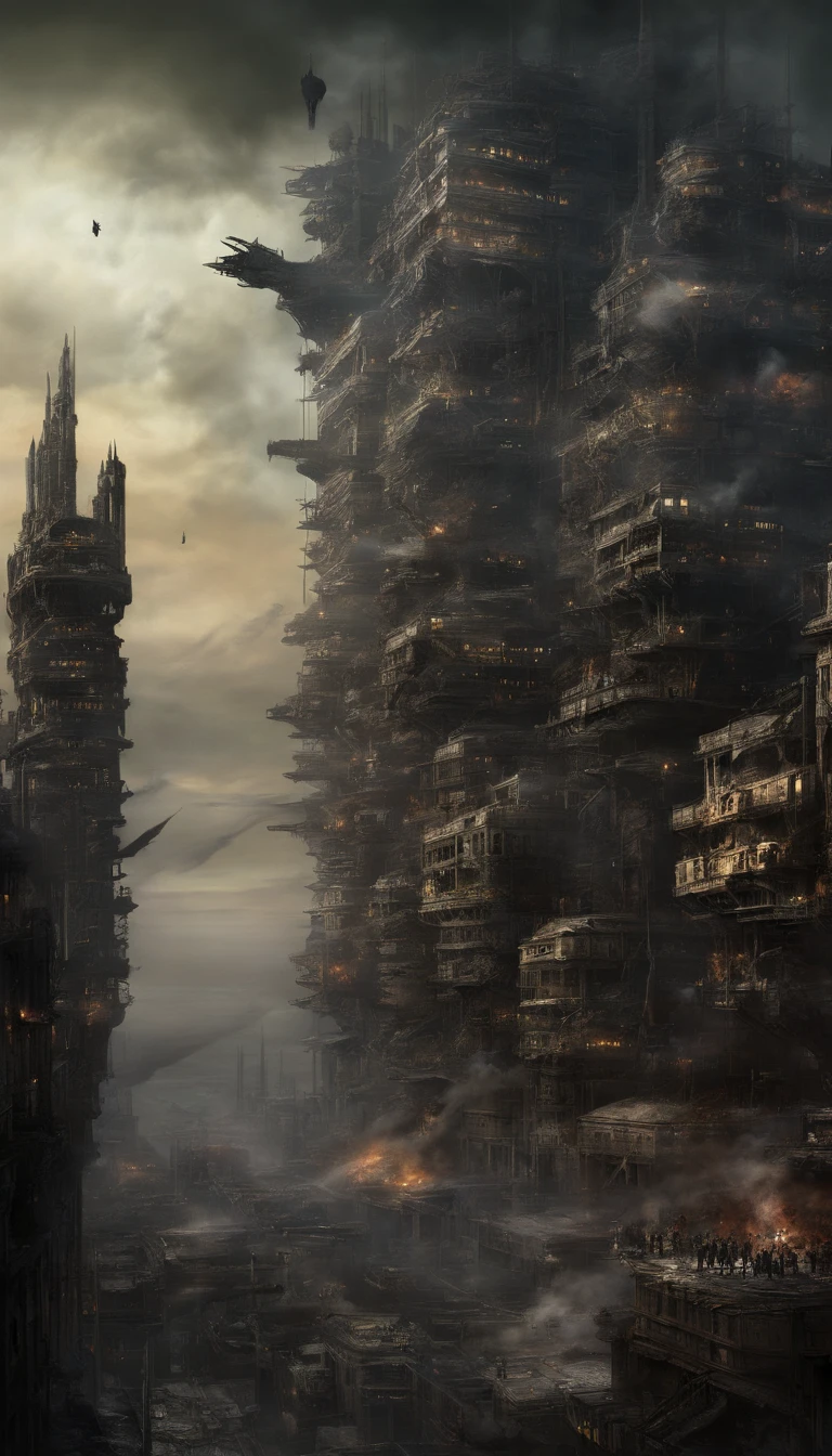 (sci fi art:1.5), Sci-fi post-apocalyptic world, (flying city:1.7), A white flying castle is located above, (The huge mechanism spews smoke:1.3), Panoramic view, Clouds of smoke, dark cloude, (Masterpiece), (Vivid colors:1.6)