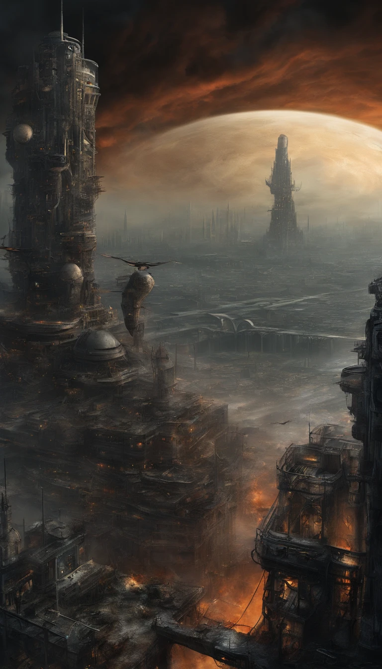 (sci fi art:1.5), Sci-fi post-apocalyptic world, (flying city:1.7), A white flying castle is located above, (The huge mechanism spews smoke:1.3), Panoramic view, Clouds of smoke, dark cloude, (Masterpiece), (Vivid colors:1.6)