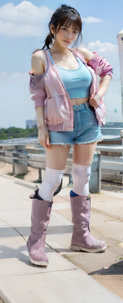 infp young woman、large full breasts、beautiful foot、、Light blue tank top、Good Style、long boots、Pink jacket、Shorts、、knee sox