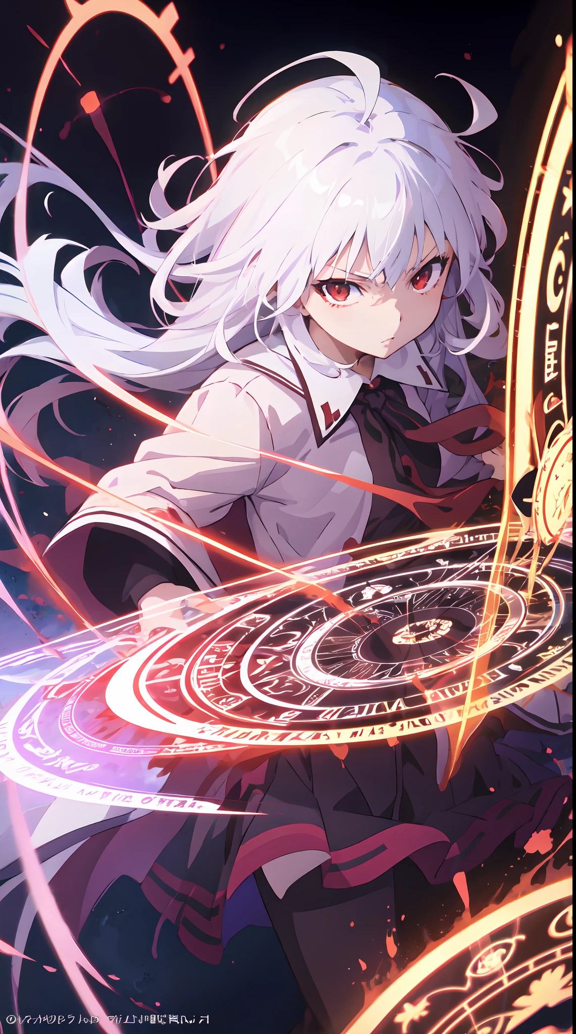 anime girl with white hair and red eyes holding a shield, magic circle, best anime 4k konachan wallpaper, white haired deity, zerochan art, anime art wallpaper 8 k, anime style 4 k, ufotable art style, detailed key anime art, anime art wallpaper 4 k, anime art wallpaper 4k, ryuko matoi, white haired, anime wallaper