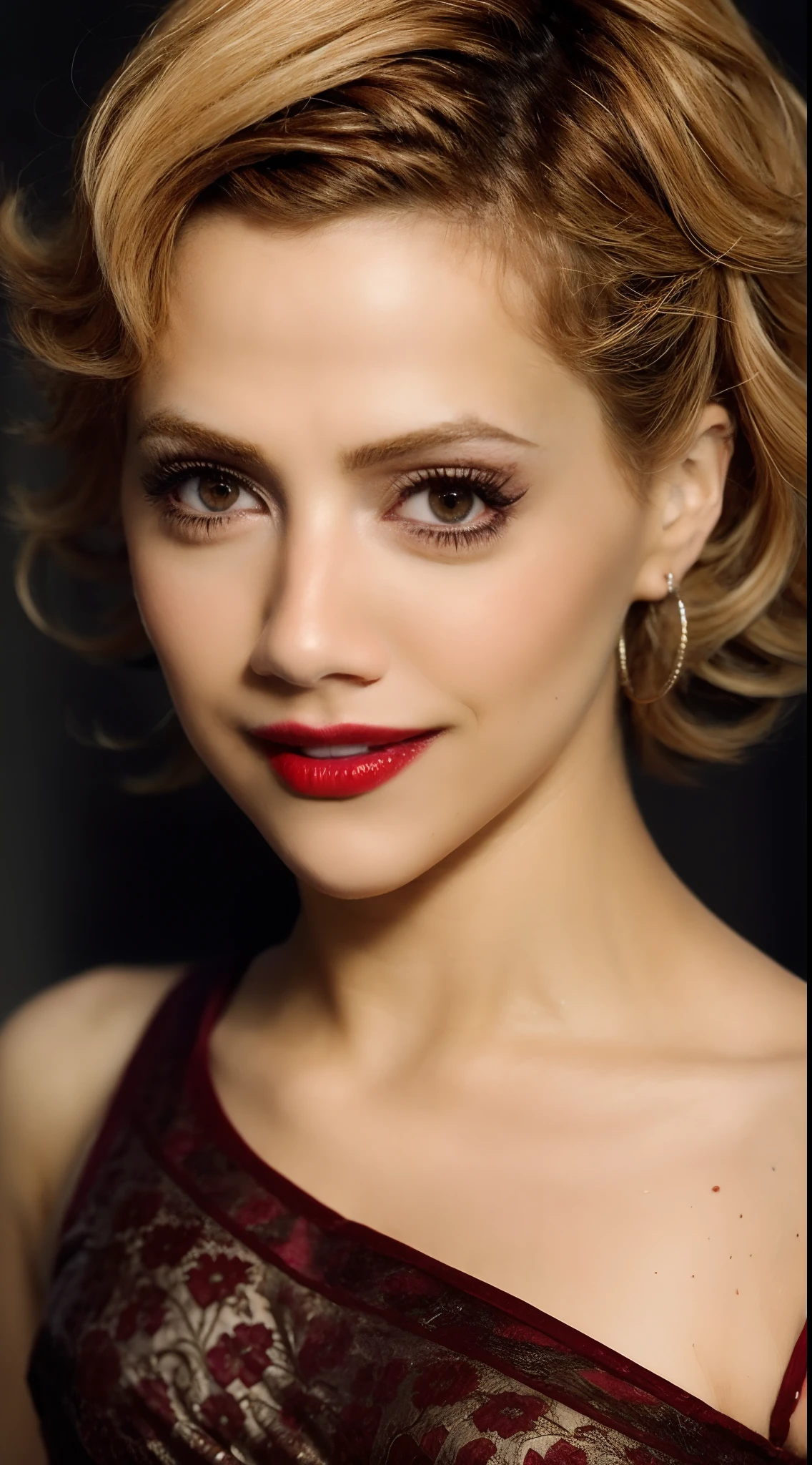 masterpiece, best quality, close portrait of Brittany_Murphy short hair, blonde hair, makeup and red lips, silk dress, white dress, elegant, contrast, shadows, low lighting, dark studi (masterpiece:1.5) (photorealistic:1.1) (bokeh) (best quality) (detailed) (intricate) (8k) (HDR) (wallpaper) (cinematic lighting) (sharp focus on eyes) (skin texture:1.2)