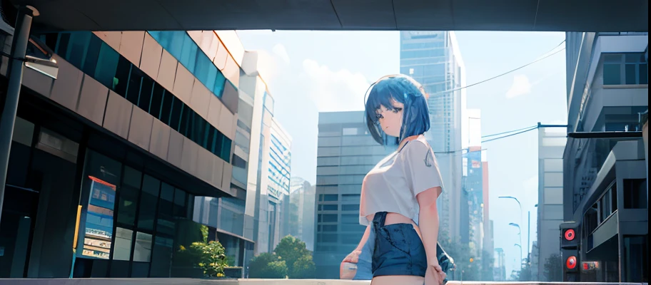 1girl, short blue hair, blue eyes, wearing plain white shirt, denim shorts, city, absurdres, high res, ultrasharp, 8K, masterpiece, looking at viewer