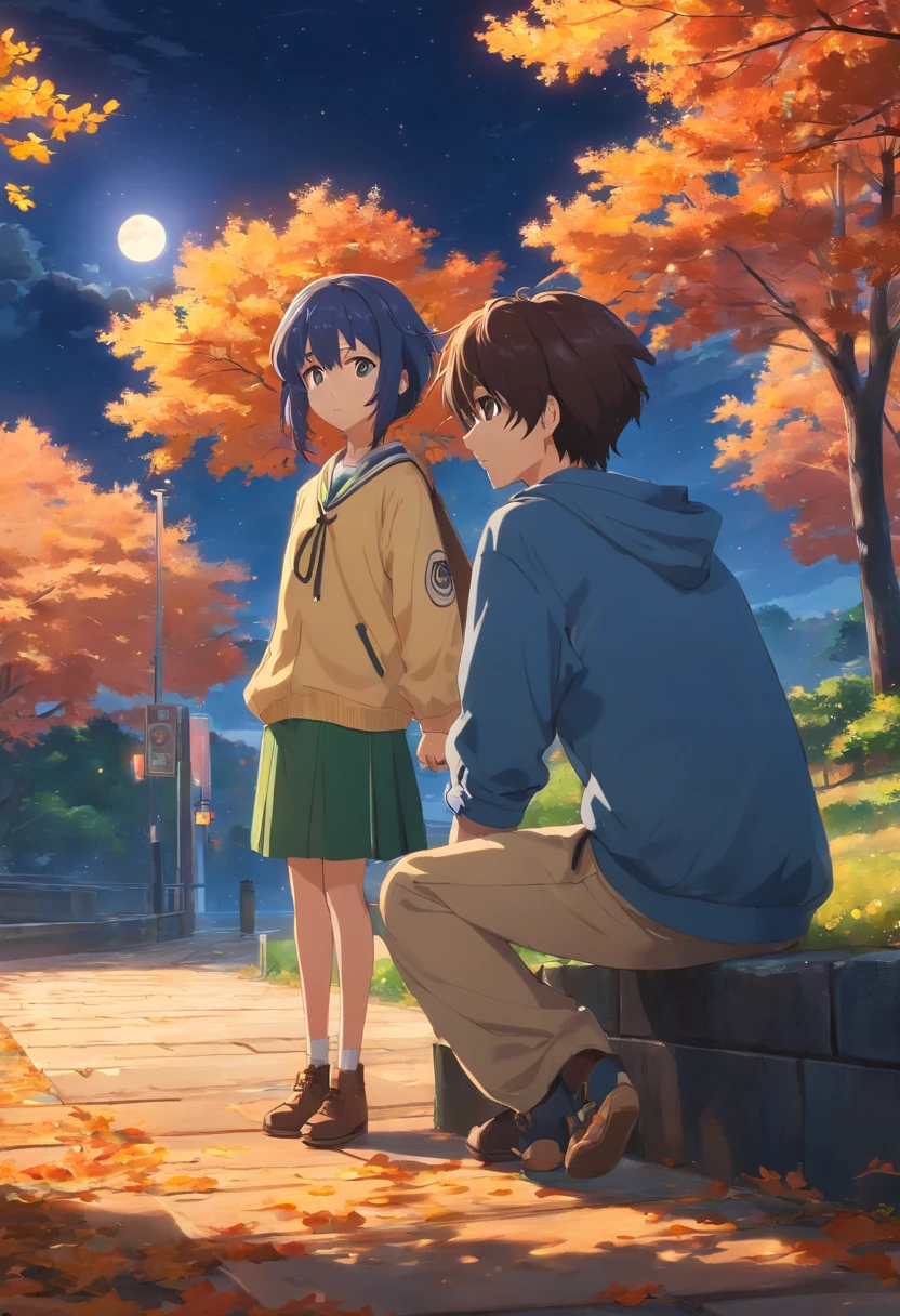 Wallpapers,tmasterpiece,best qualtiy,cinematic Film still from,A boy and a girl,A full moon,autumnal,the trees,rios,Warm and soft atmosphere,