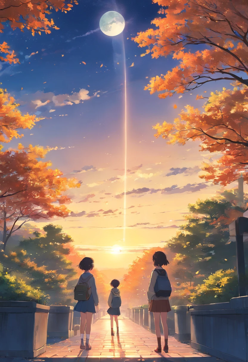 Wallpapers，tmasterpiece，best qualtiy，cinematic Film still from，A boy and a girl，A full moon，autumnal，the trees，rios，Warm and soft atmosphere，