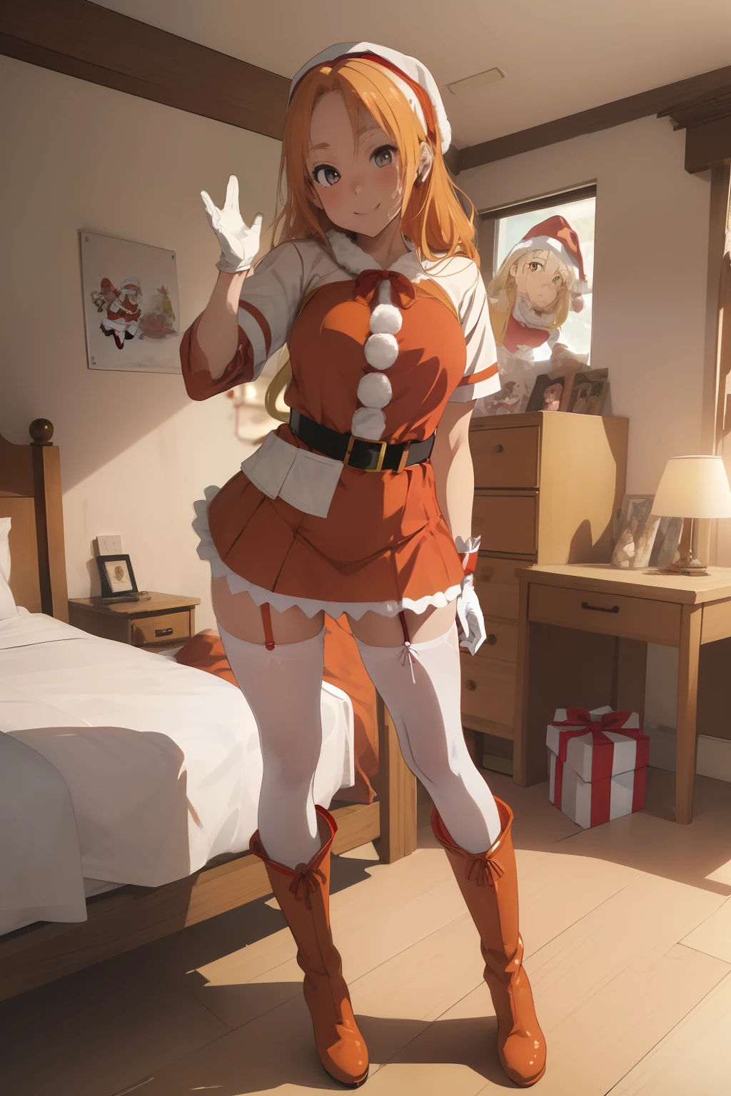 (​masterpiece、top-quality、top-quality、Beautifully Aesthetic:1.2)、ighly detailed、highestdetailed、grey  eyes、orange color hair|Semi-long blonde hair、((Santa Claus Costume))、(pantyhose)、Matsumoto Rangiku、graffiti art、Look at the viewer、A smile、Bedroom、on the beds、(long boots)、((a miniskirt))、(red clothing)