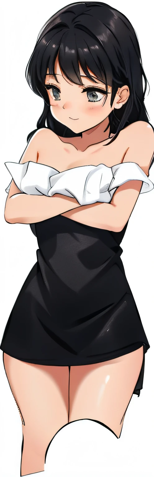 stand posture,Fold your hands around your chest,Black medium long hair,Black bath towel,Full body photo