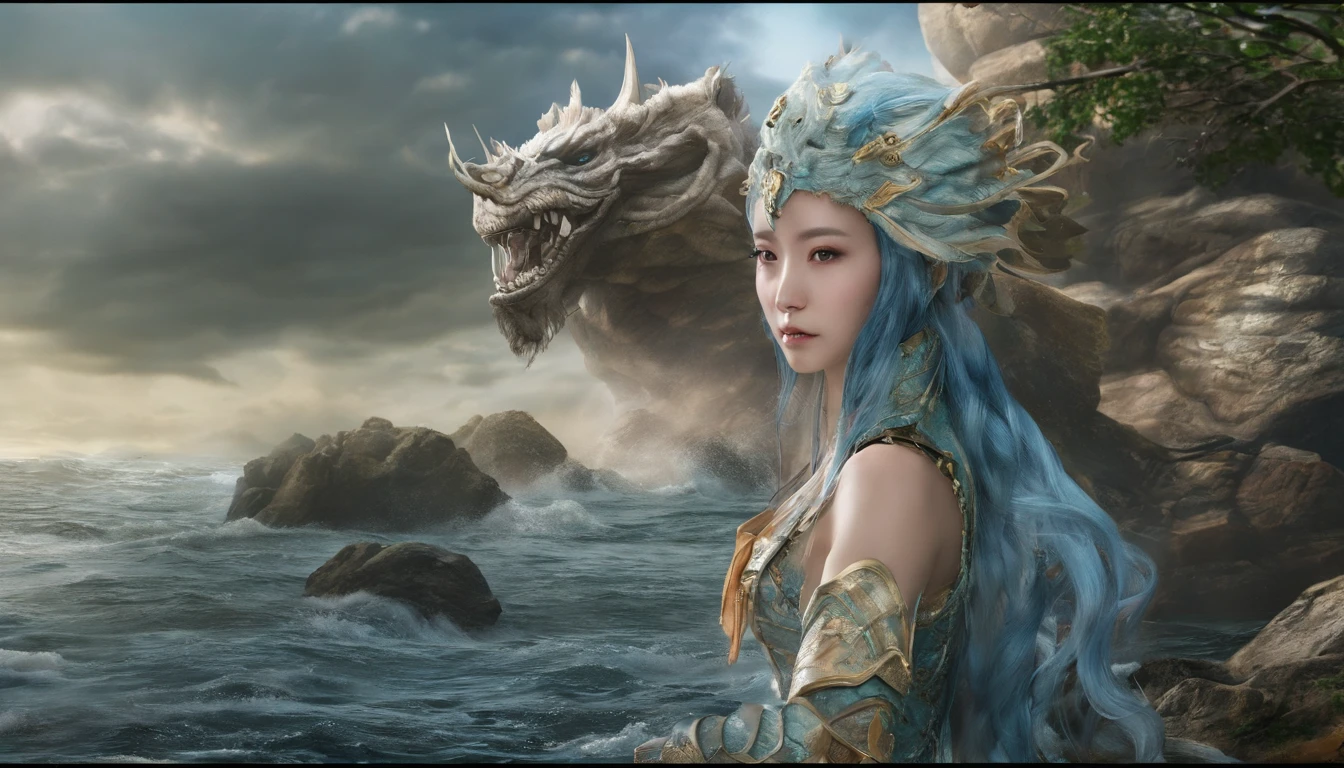 Close-up of a woman in an embroidered dress, very beautiful beauty with a Chinese dragon beside her, surrounded by auspicious clouds, Chinese fantasy, beautiful digital artwork, master works, Ross Tran 8 K, Zhang Jingna, Xian Xia Fantasy, CGsociety and Fenghua Bell, Chinese style, dragon inspired cloth robe, Ross Tran and WLOP, sea queen Mu Yanling, inspired by Chu Derun