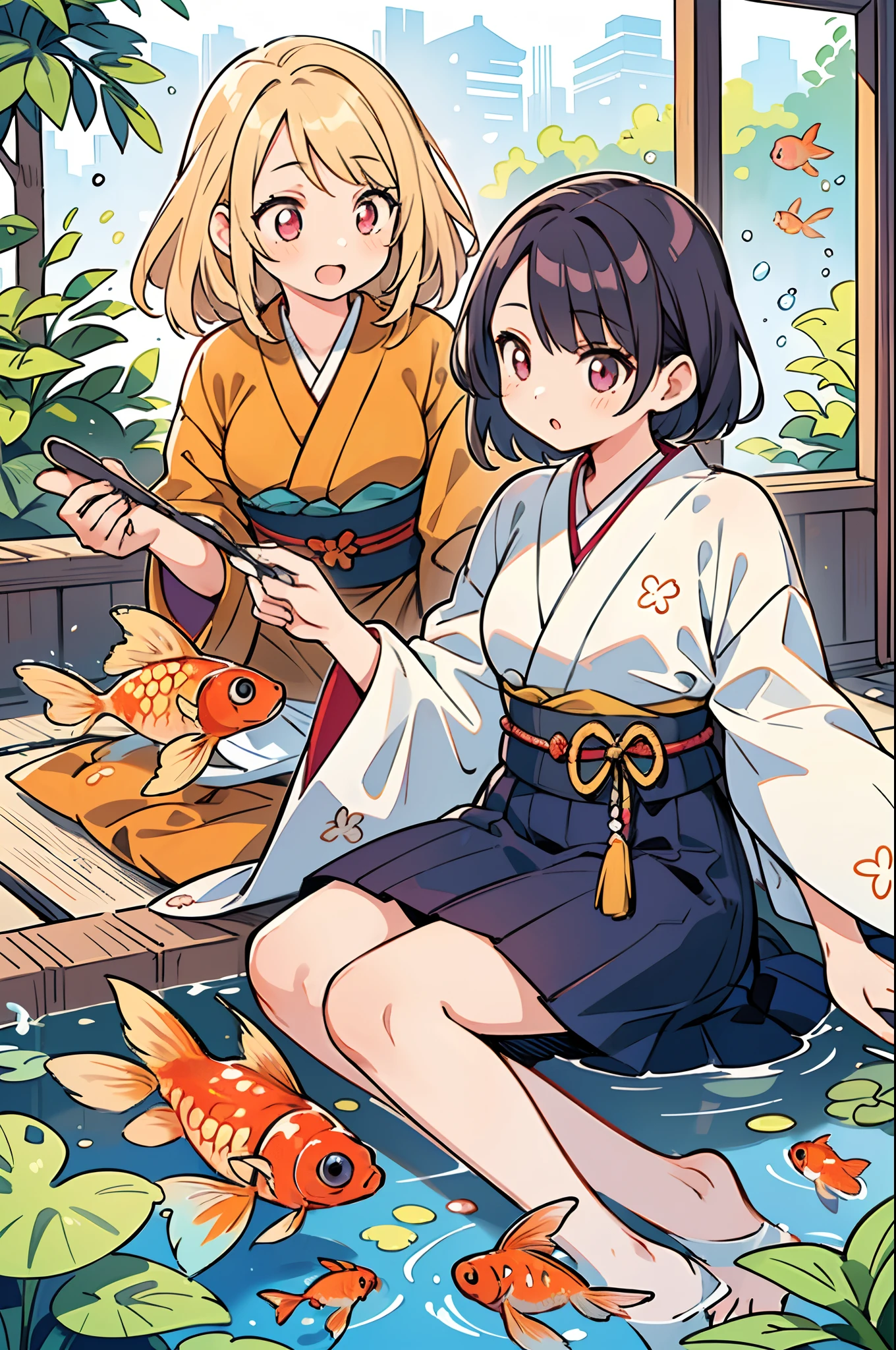 (masutepiece:1.2),(Best Quality:1.1),(Ultra-detailed:1.1),(Realistic:1.2),(Colorful:1.2),(Young girls:1.3),(Japanese:1.1),(Clothing samples:1.1),(Girls playing with goldfish scoop:1.3),(Colorful contact lenses:1.2),(FULL BODYSHOT:1.2),(Summer:1.1)