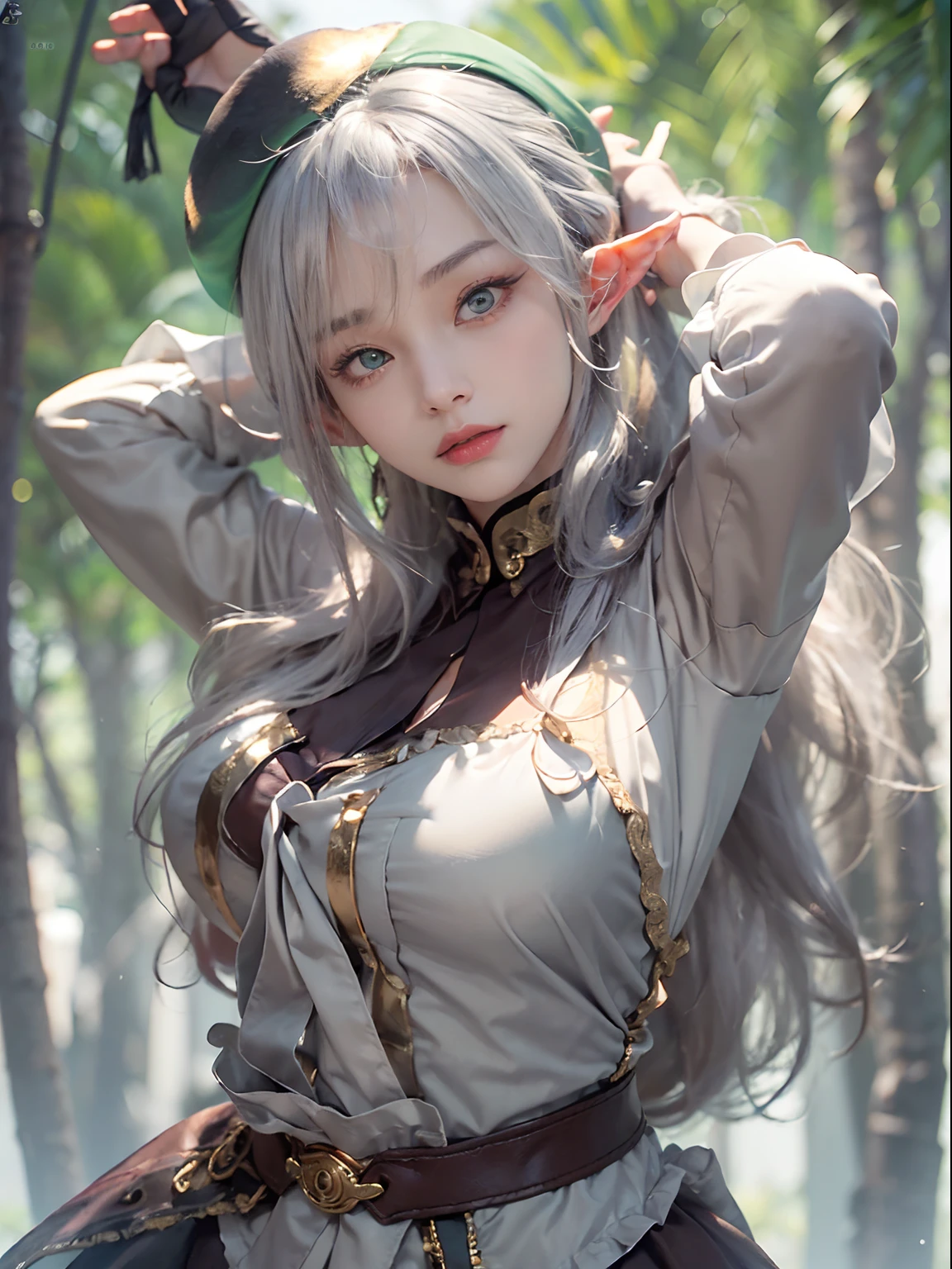 (Golden ratio:1.2),​master piece,[(Gray draft:1.4)::10],(8K, Best quality, tmasterpiece:1.2),\(eye detailed\),\(Facial features\),(\(Clothes detail details\)\),(huge tit),full bodyesbian,(Facial focus) ,Very detailed CG unity 8K wallpaper,hugefilesize,ultra - detailed,A high resolution,absurderes,beautidful eyes,Ray traching,dramatic shadow,finely detailled,Dramatic angles,Hyper-detailing,(1 girl:1.3),(Solo),elf,pointy-eared,White hair,Green eyes,Mature female,Mature royal sister,The perfect figure for a tall and slim body,Large breasts,(beret:1.4),((underbust),short sleeved shirt:1.3)+(Dark gray low-rise pants：1.3)+(Brown leather belt：1.3),(Dark brown one-sided shawl：1.3)+(Sheer white silk gold-rimmed long-sleeved gloves：1.3),{{It's a character that makes people feel sexy and attractive}},fansty world,{This character is an archer：1.3},Capture shots that highlight characters,(The character has a hand on his chest，lean forward slightly forward：1.3),(atheletic body:1.2),(Standing on the Grassland:1.2)+(Dense tropical woods:1.3)+[(Inception:1.2)]，blackstockings