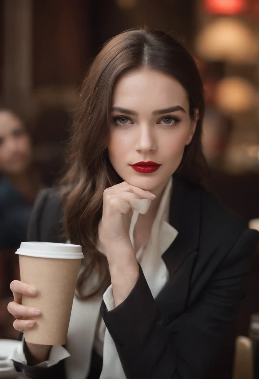 2010s fashion, medium close up, canon ef 85mm f/1.2l ii usm, a woman is sitting with her coffee in a restaurant, wearing a black jacket and red lips, emphasis on facial expression, street fashion.