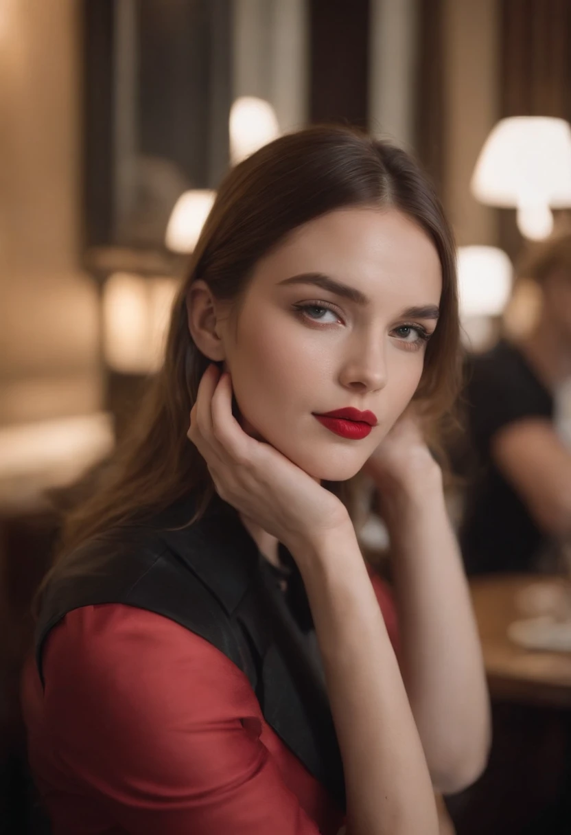 2010s fashion, medium close up, canon ef 85mm f/1.2l ii usm, a woman is sitting with her coffee in a restaurant, wearing a black jacket and red lips, emphasis on facial expression, street fashion.