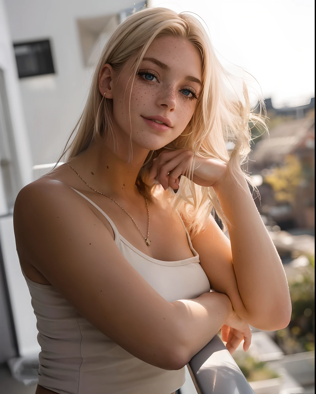 A realistic portrait of a woman in her mid-twenties with fair skin smiling warmly at the camera. She has long, straight blonde hair and sparkling green eyes. She is dressed in a casual yet stylish outfit, wearing a white blouse and light blue jeans. The background features a softly blurred urban setting with modern buildings and a hint of greenery, creating a balanced and contemporary look. Her expression is genuine and friendly, exuding confidence and approachability. The photo is captured with a Canon EOS R5, 85mm lens, f/1.4, ensuring a sharp focus on her face with a beautifully blurred background.