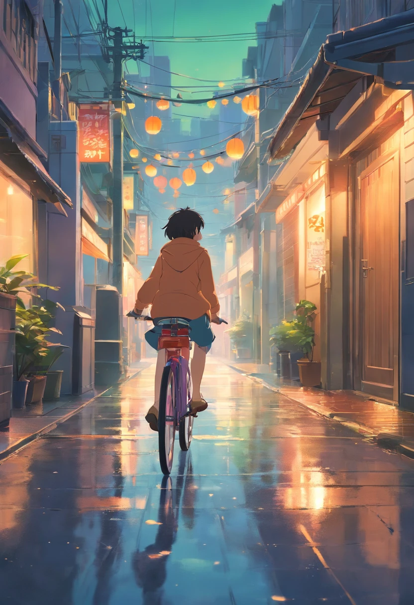 Wallpapers,tmasterpiece,best qualtiy,cinematic Film still from,A cycling at delivery boy,A full moon,autumnal,the street,The Car,rained