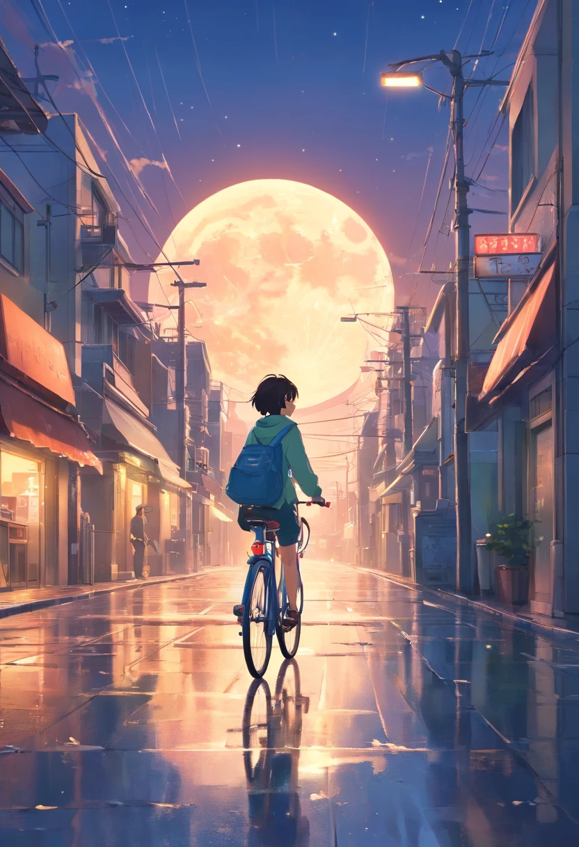 Wallpapers,tmasterpiece,best qualtiy,cinematic Film still from,A cycling at delivery boy,A full moon,autumnal,the street,The Car,rained