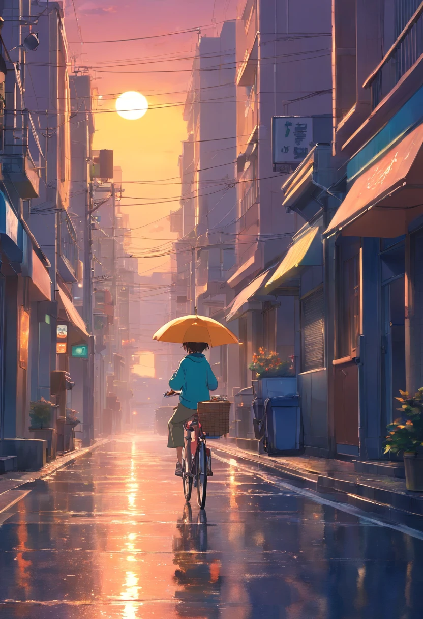 Wallpapers,tmasterpiece,best qualtiy,cinematic Film still from,A cycling at delivery boy,A full moon,autumnal,the street,The Car,rained