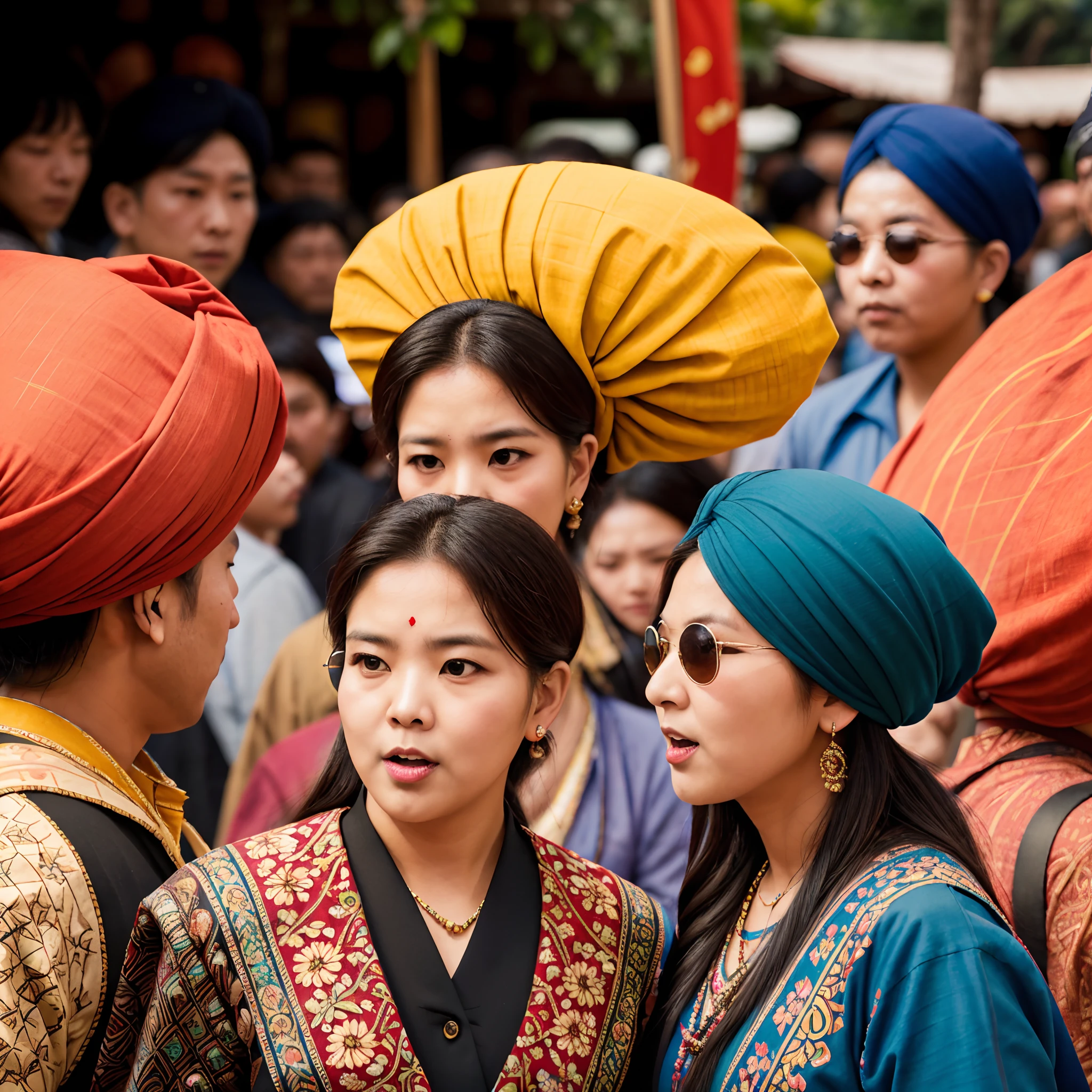 KIm Jong Un,Indian vendor,portraits,realistic,highres,ultra-detailed,studio lighting,vivid colors,traditional clothing,sunglasses,seller,market,hustle-bustle,spices,fruits,vegetables,exotic goods,rich textures,colorful fabrics,local culture,floral patterns,decorative turbans,ornate jewelry,busy crowds,animated expressions,sweating face,dynamic atmosphere,flag of North Korea,unique fusion,contrast,unexpected combination,cultural exchange,vibrant scenery,lively background,authentic representation,artistic interpretation. --auto