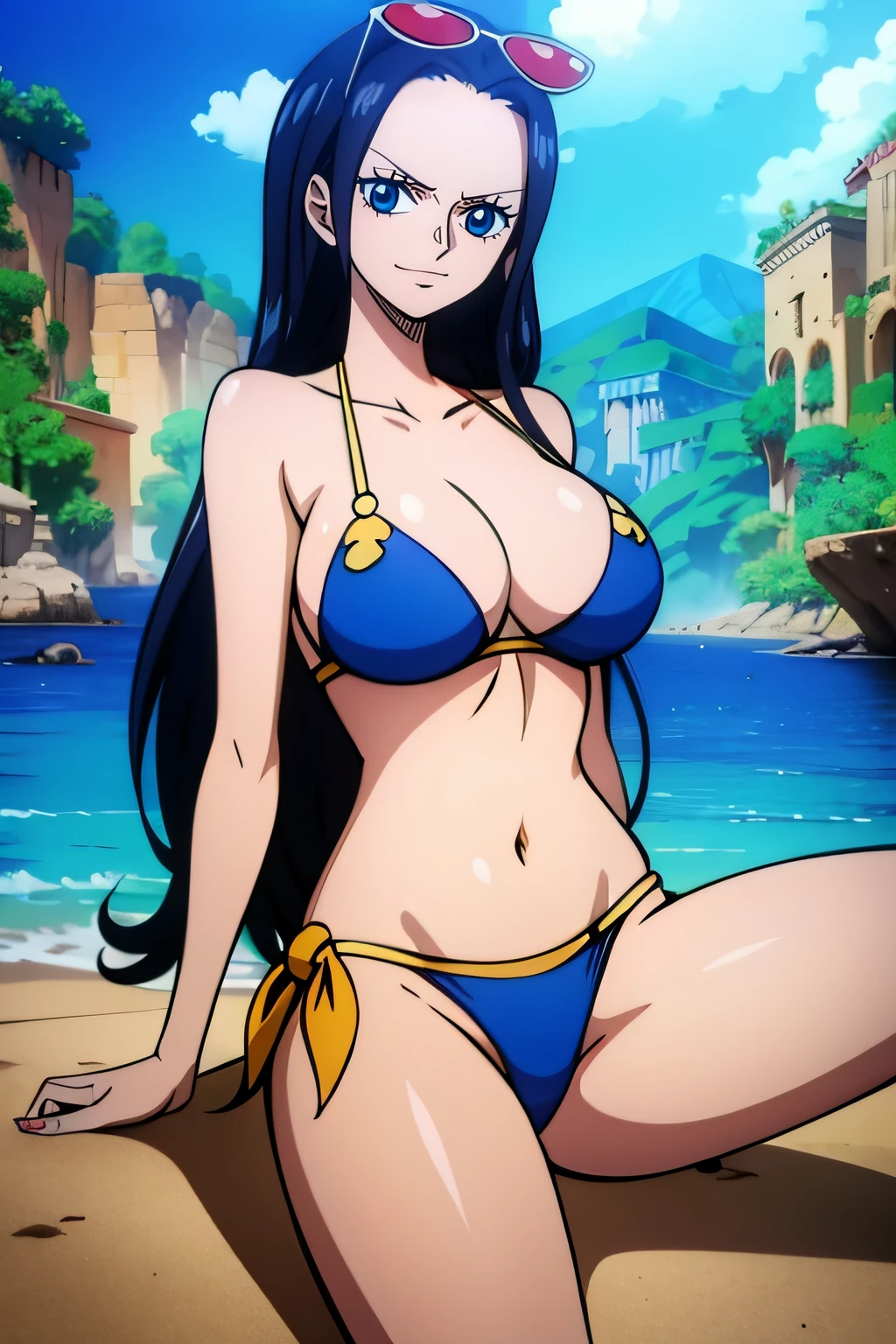 Robin de One Piece, pose sexy, Y si , Elly, 8k, anime, ribera, teta grande, grande, ojos azules, senos, bikini