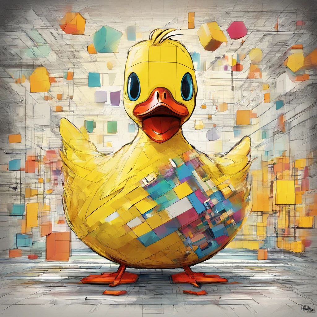 (Big yellow duck  ),(Best posture),(best angle), (Better expression), Eduardo Kobra Acorjo Amento ,Multidimensional geometric wall portrait, Artistically, tchibi,yang08k, big breasts beautiful, coloring,