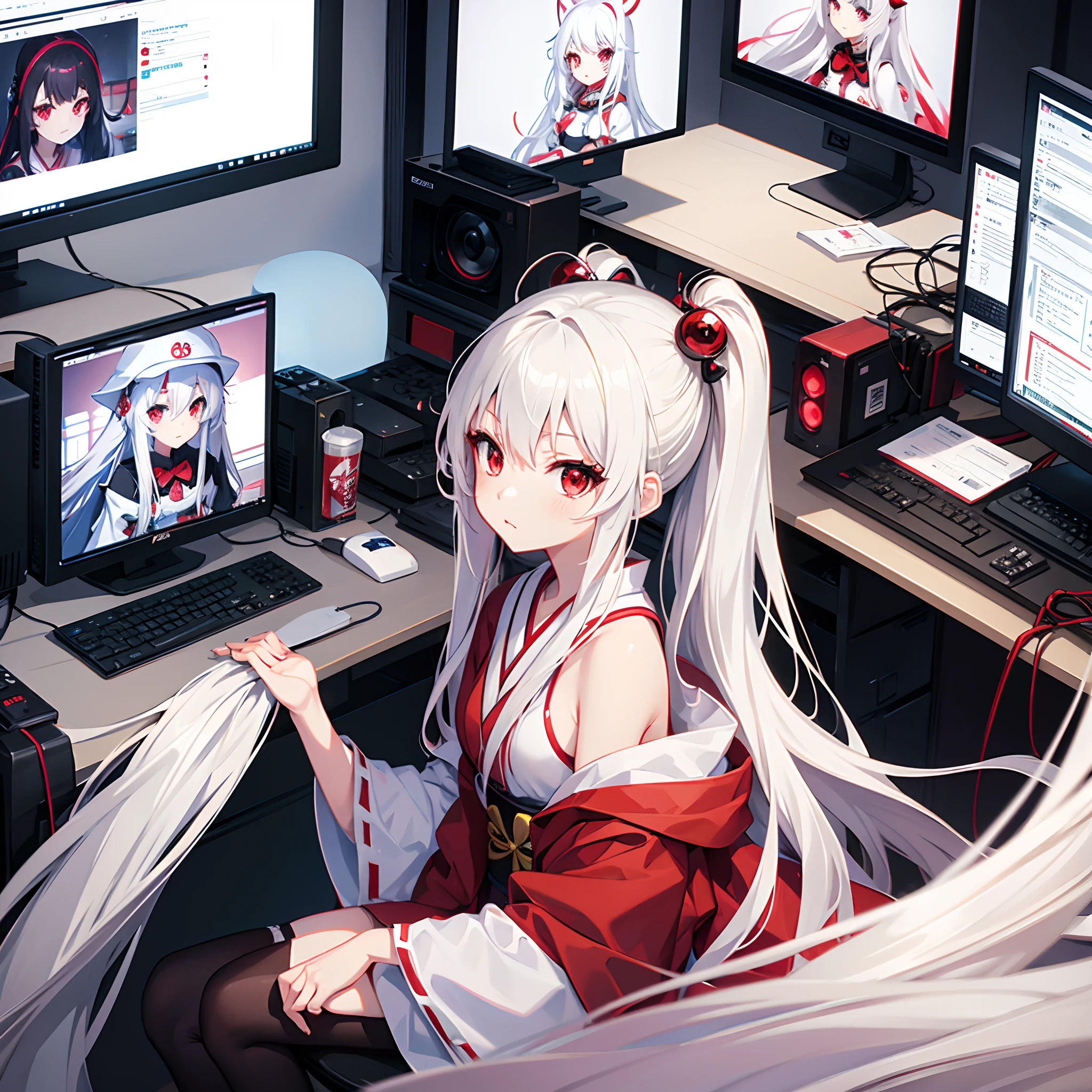 Anime, cute girl, japanese, ite, long white hair, ruby red eyes, kaguya, gamer girl, in front of the computer,