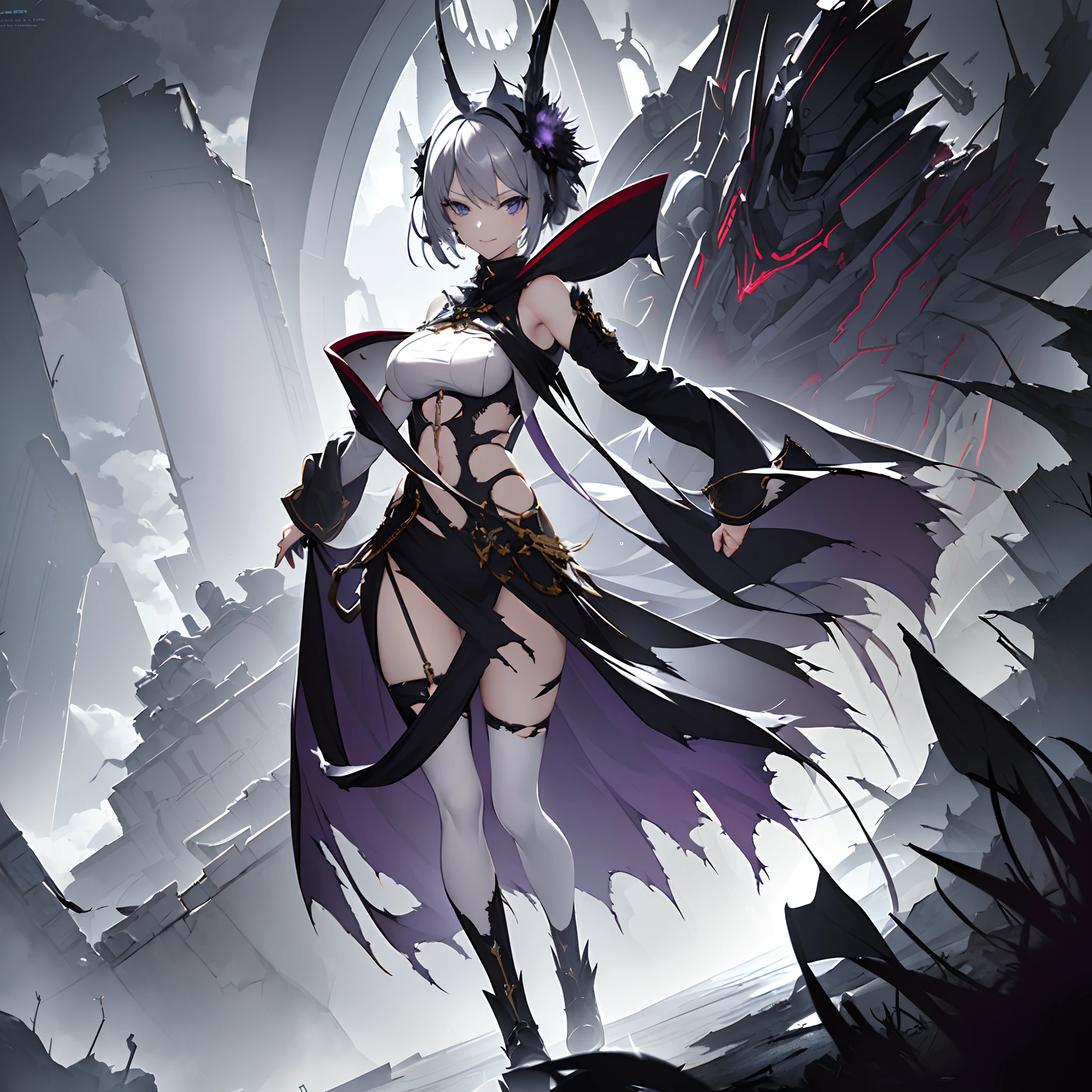 1girl, solo, gray dirty hair, cool hair ornament, slim figure, torn knee_high_socks, violet eyes, short wild hair, medium breasts, evil smile, highly detailed uniform, (shoulder look, back facing the Viewer), ((fog)), (ashes), (wind magic)