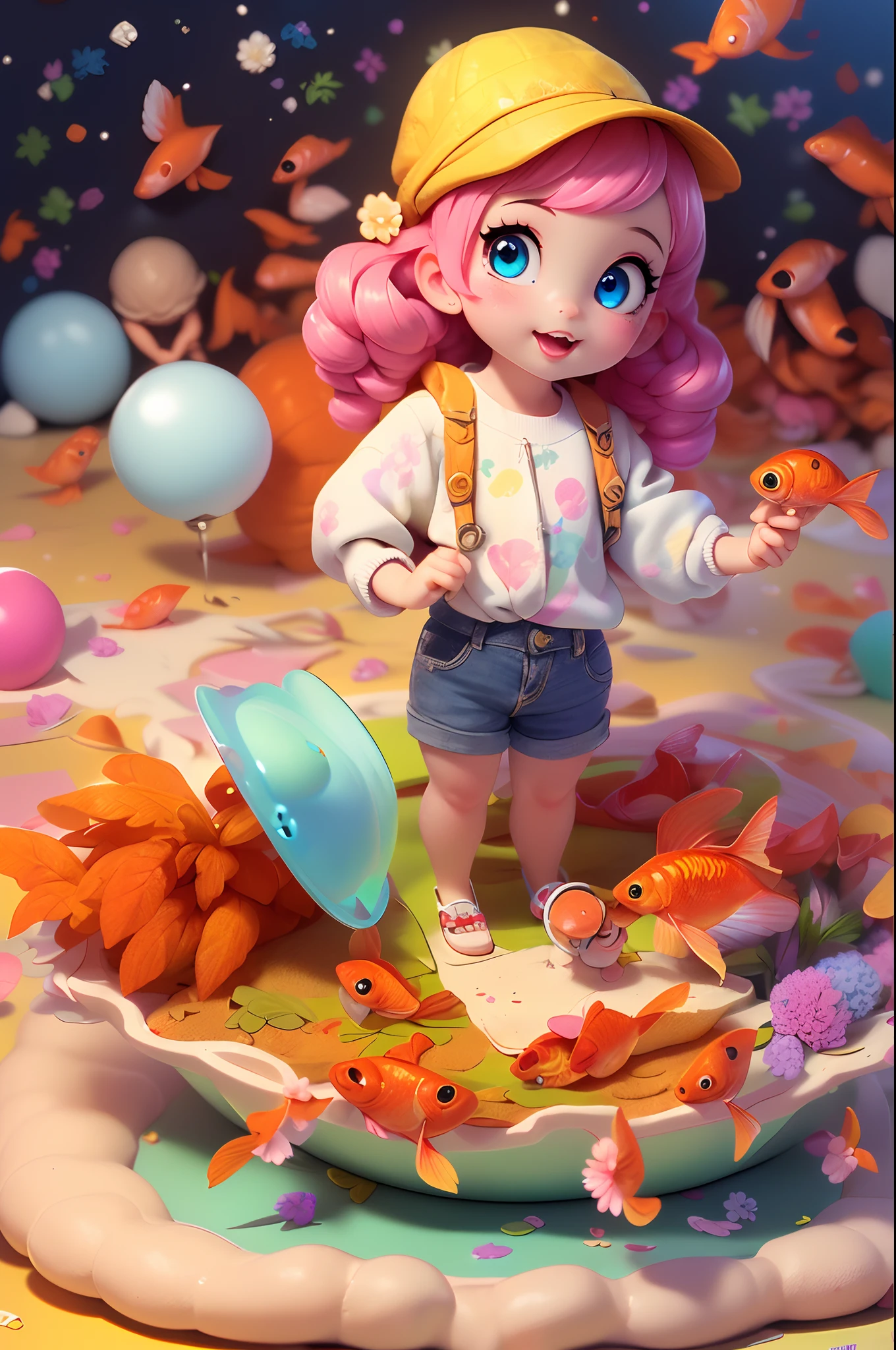 (masutepiece:1.2),(Best Quality:1.1),(Ultra-detailed:1.1),(Realistic:1.2),(Colorful:1.2),(Young girls:1.3),(Japanese:1.1),(Clothing samples:1.1),(Girls playing with goldfish scoop:1.3),(Colorful contact lenses:1.2),(FULL BODYSHOT:1.2),(Summer:1.1)