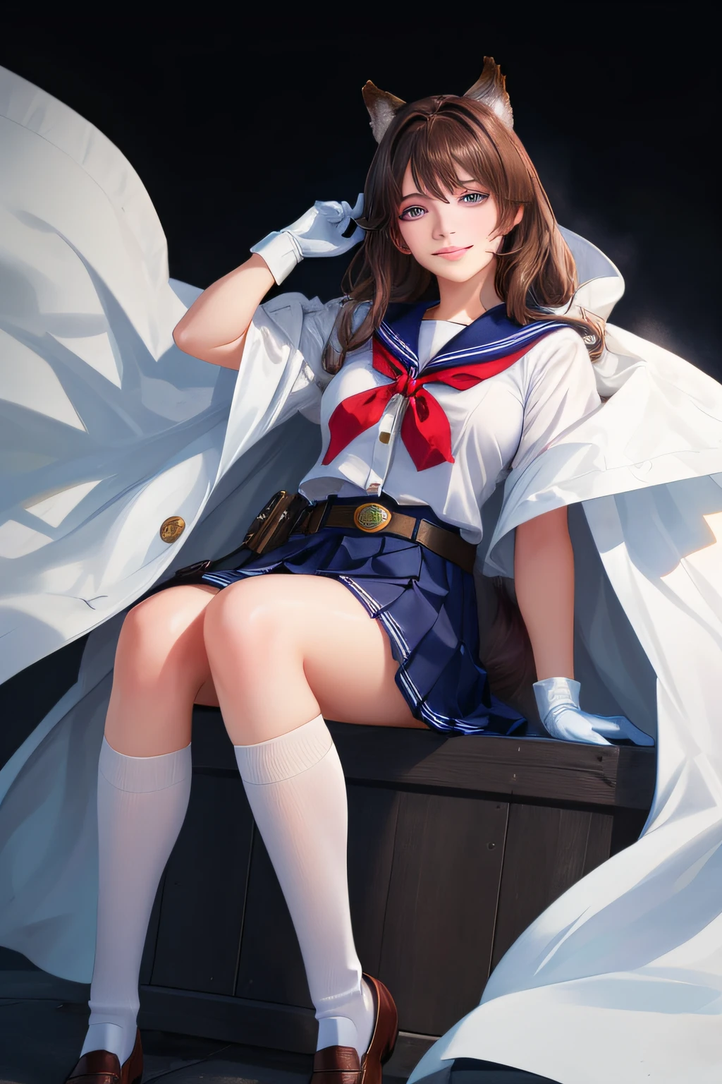 (photorealistic:1.4) , far shot, smile,, BREAK A girl with iridescent eyes and brown hair styled dynamically. Her eyes are beautiful and detailed, her lips glossy. She has medium breasts and wolf ears (emphasis:1.2). BREAK She wears a white cloak, gloves, sash, belt, shoes, and a white blouse with a sailor collar. She also wears knee-high socks and loafers, with a red ribbon. She has a button and badge on her navy blue pleated skirt. BREAK Her pose is at a dramatic angle with active motion (emphasis:1.2).