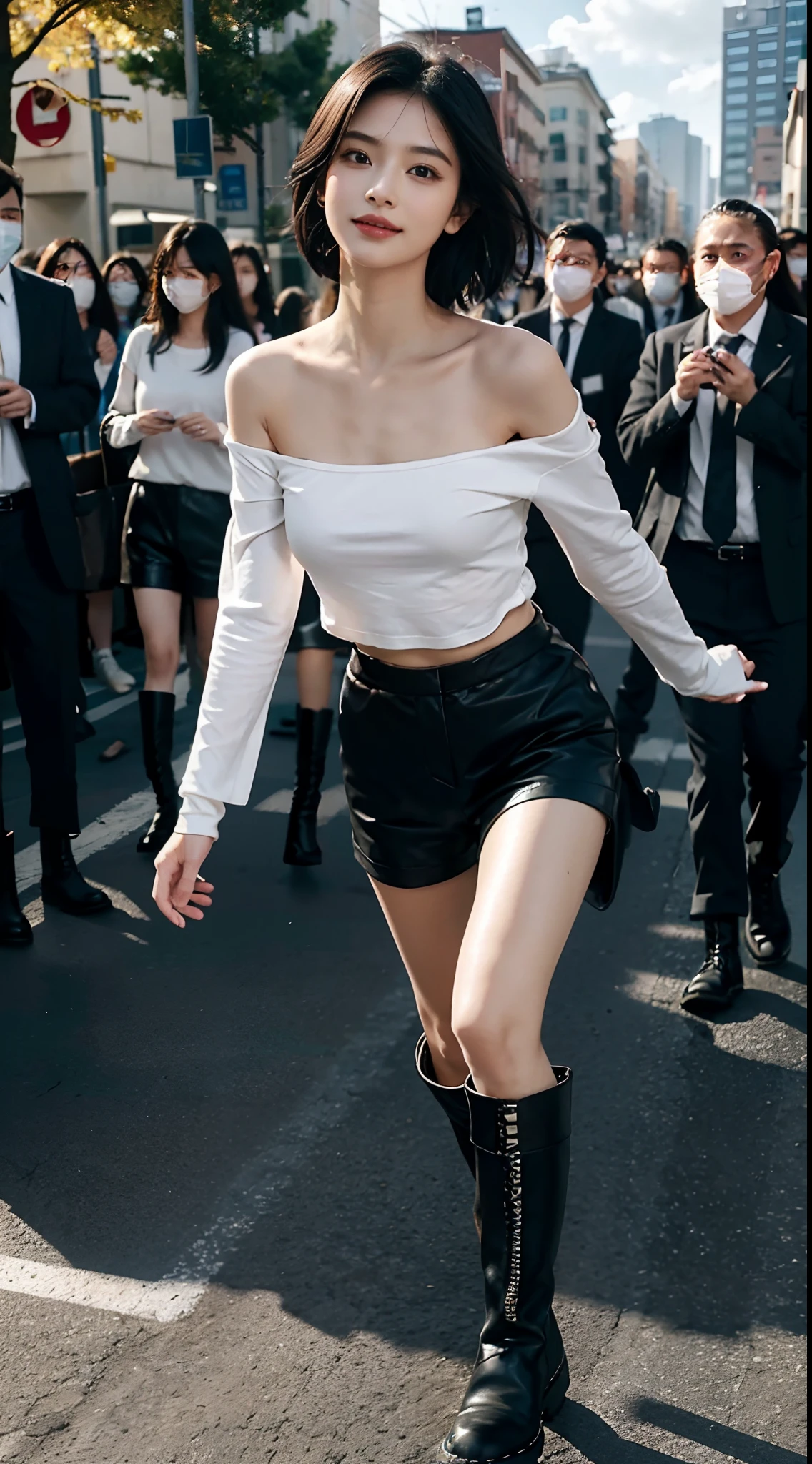 (shoulder length straight short black hair: 1.3), （Extremely meticulous CG 8k wallpaper），（Extremely refined and beautiful），（Masterpiece），（best qualtiy：1.0），（Ultra High Resolution：1.0），beautiful light up，Perfect lightning，realistic shaded，[A high resolution]，Smooth and flawless fair skin，Extremely exquisite facial details，（perfect body：1.1），ultra - detailed，A beautiful girl，small head，(Small breasts:1.1)，Flat chests，slim，thin，Smile，cheerfulness，(Maxi white long sleeved T-shirt:1.3），（Black Bermuda short pants with large holes:1.3）,(Black military boots:1.3)autumn，Dusk, （cloudy：1.6），Close Shot，Surrounded by a crowded crowd，At the school gate，Crossing the road, running, hair flying, sideways,（Light gray mask：1.3）
