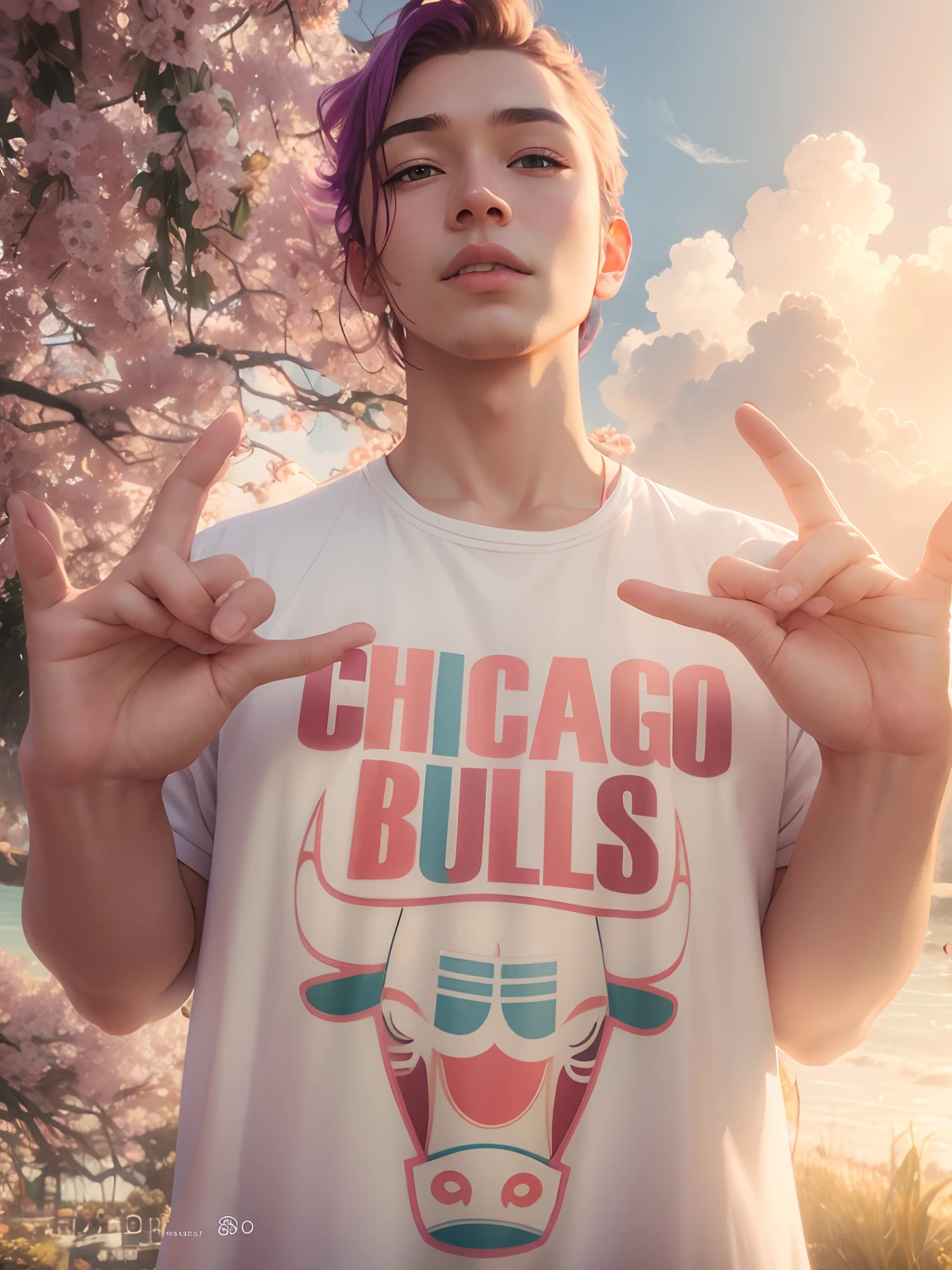 masterpiece, best quality, spring outfit, colorful hair,  outdoor,cloud ,upper body,
